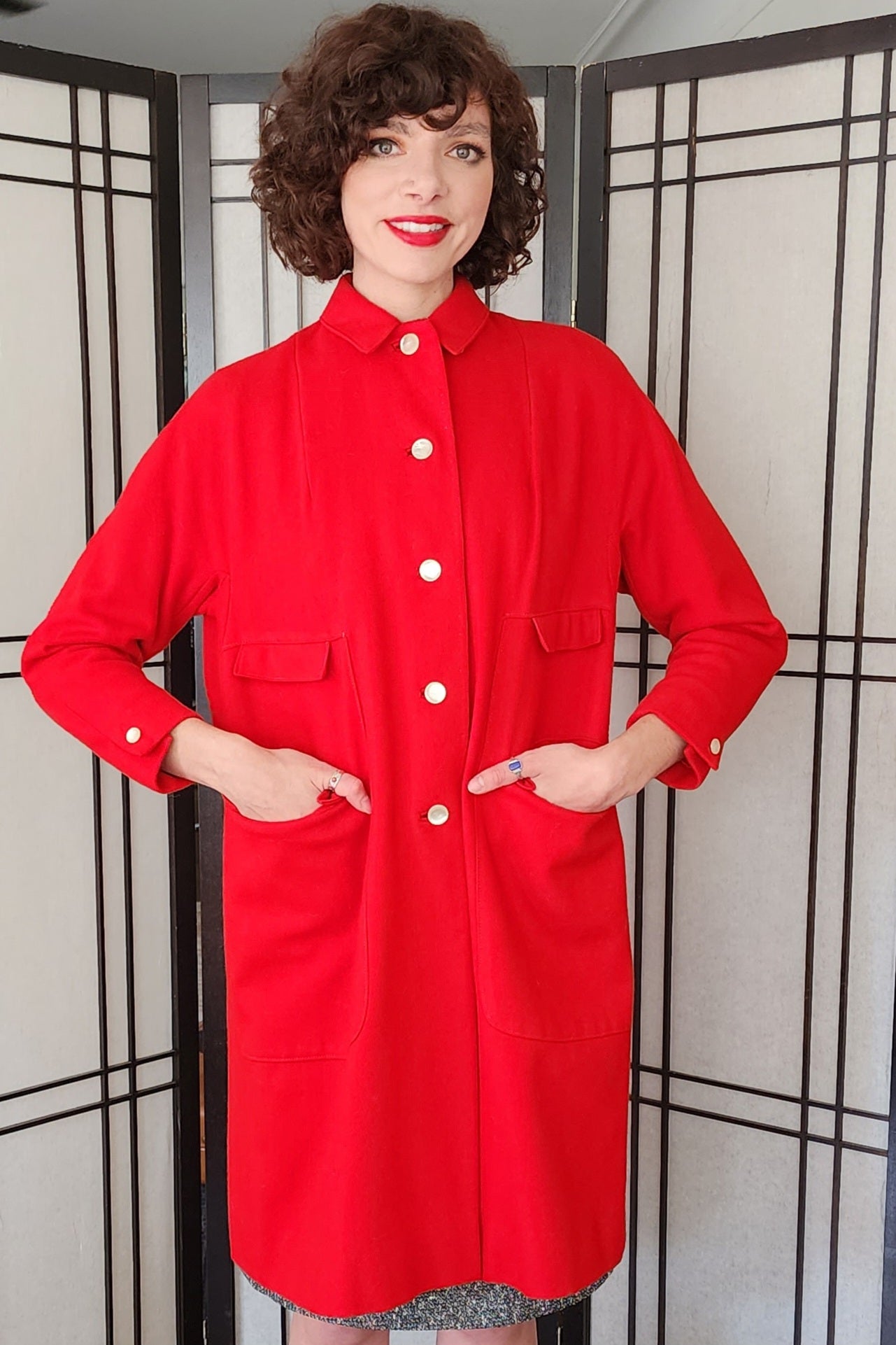 60s Red Wool Coat White Buttons Double Flap Pockets M