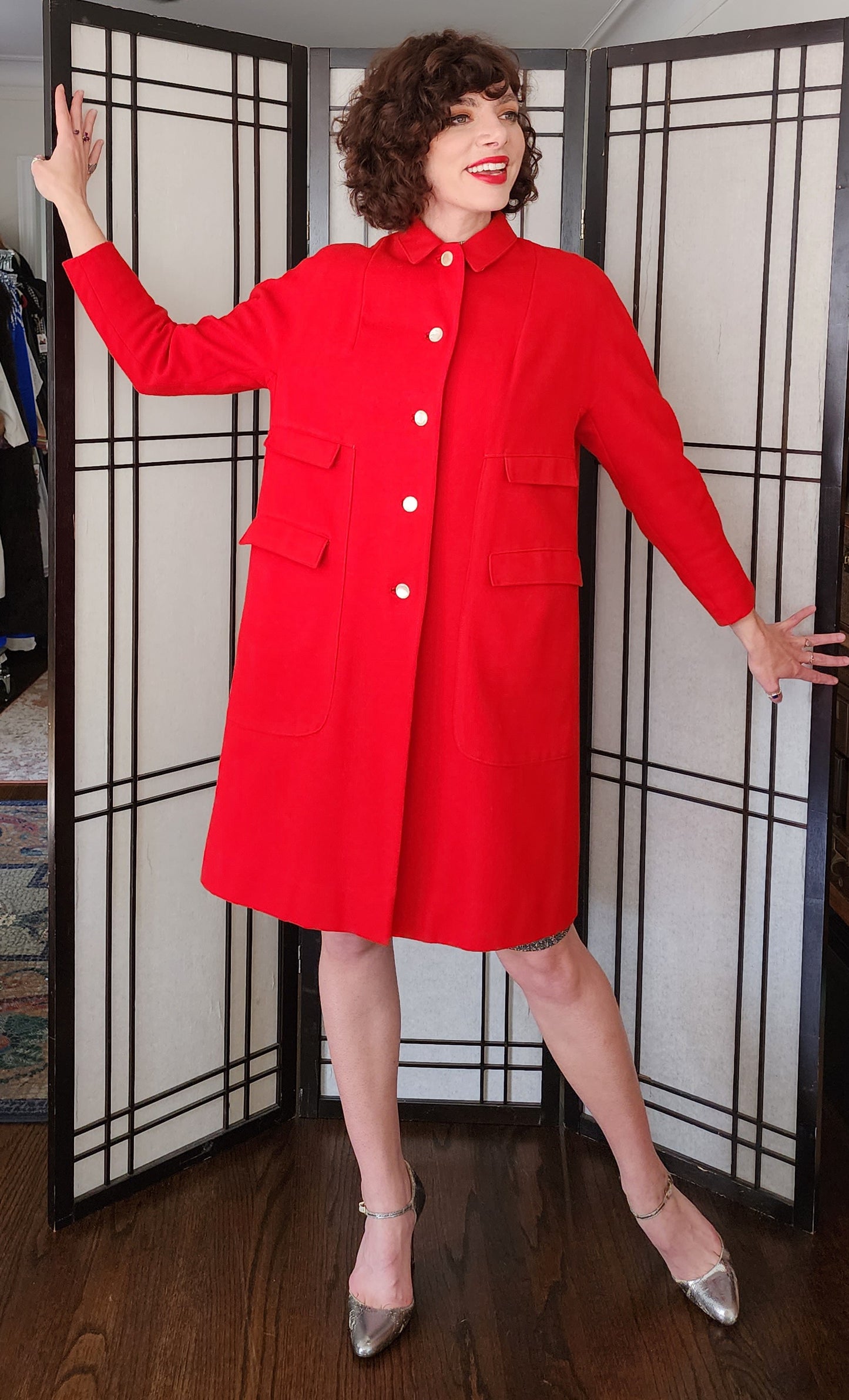 60s Red Wool Coat White Buttons Double Flap Pockets M