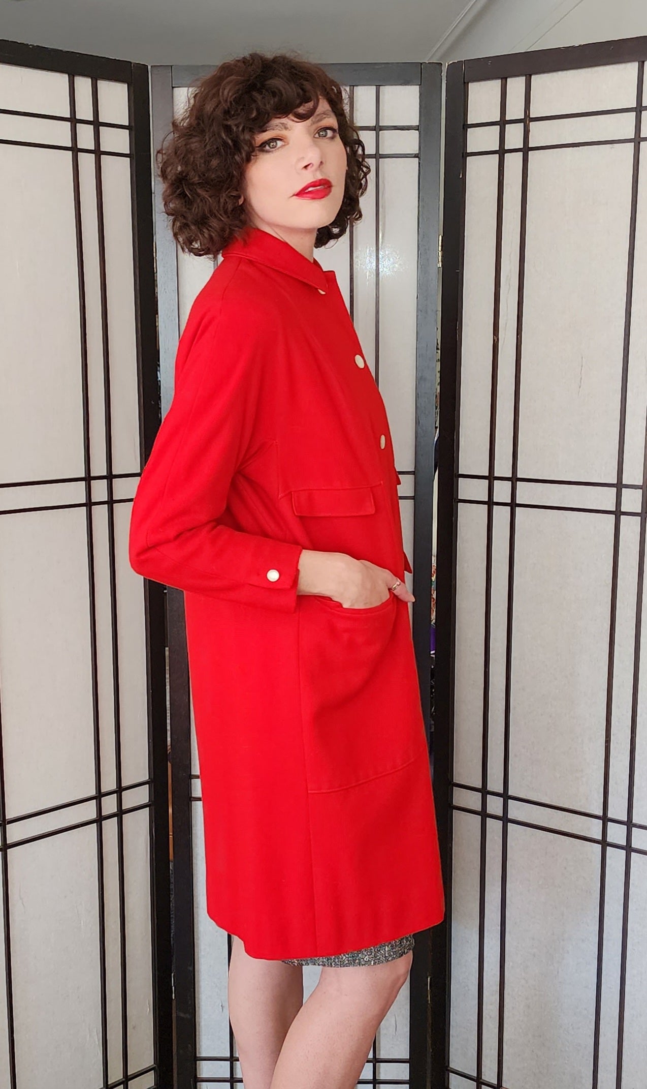 60s Red Wool Coat White Buttons Double Flap Pockets M