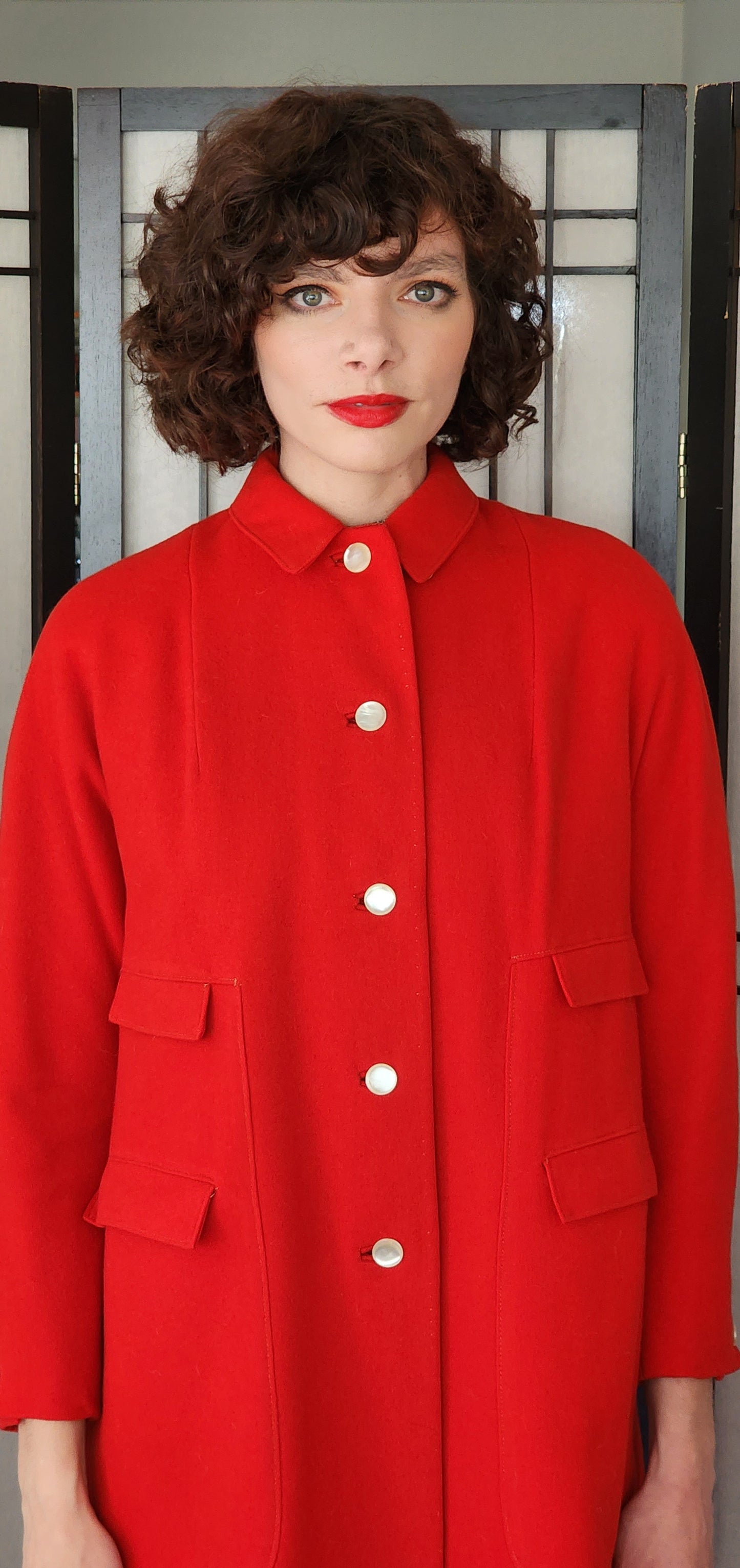 60s Red Wool Coat White Buttons Double Flap Pockets M