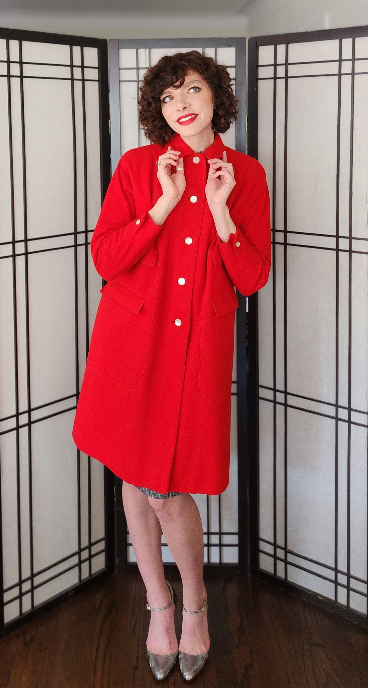 60s Red Wool Coat White Buttons Double Flap Pockets M