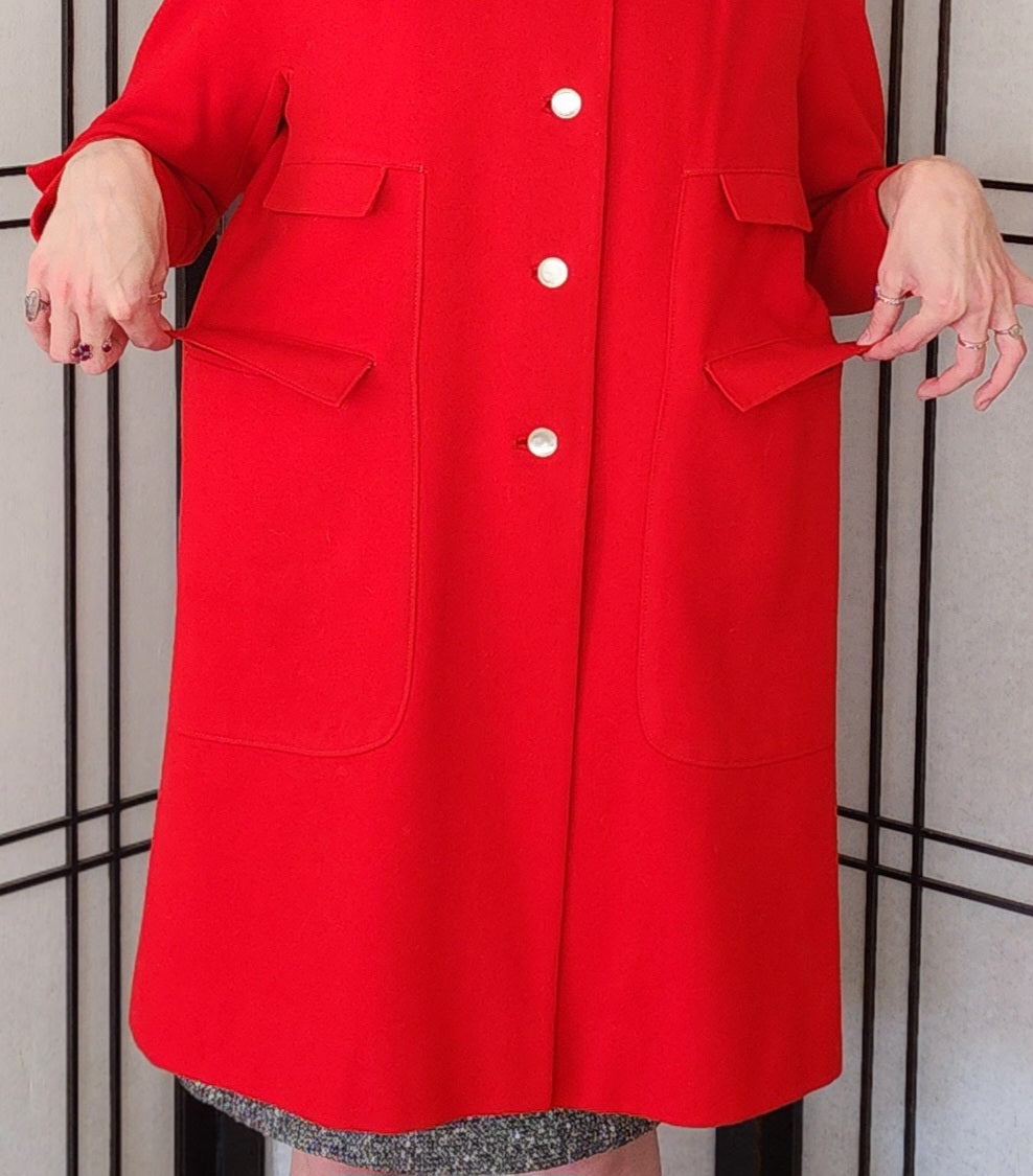 60s Red Wool Coat White Buttons Double Flap Pockets M