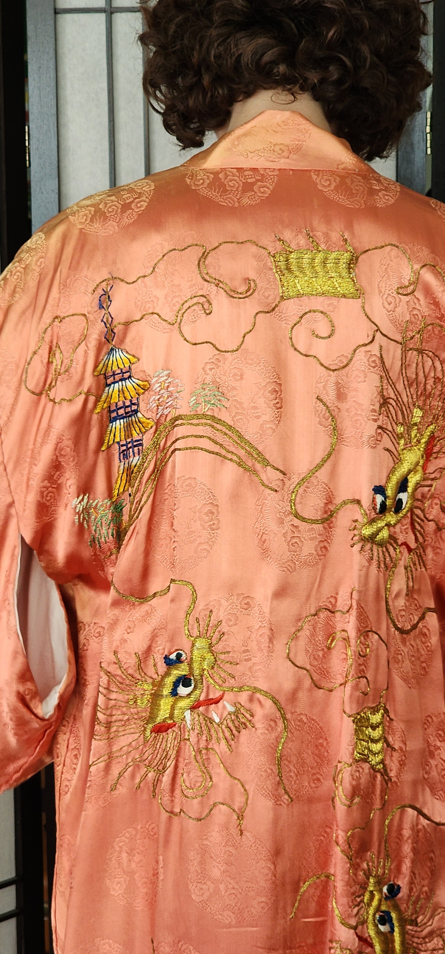 Vintage Silk Kimono Orange Peach Embroidered Dragon