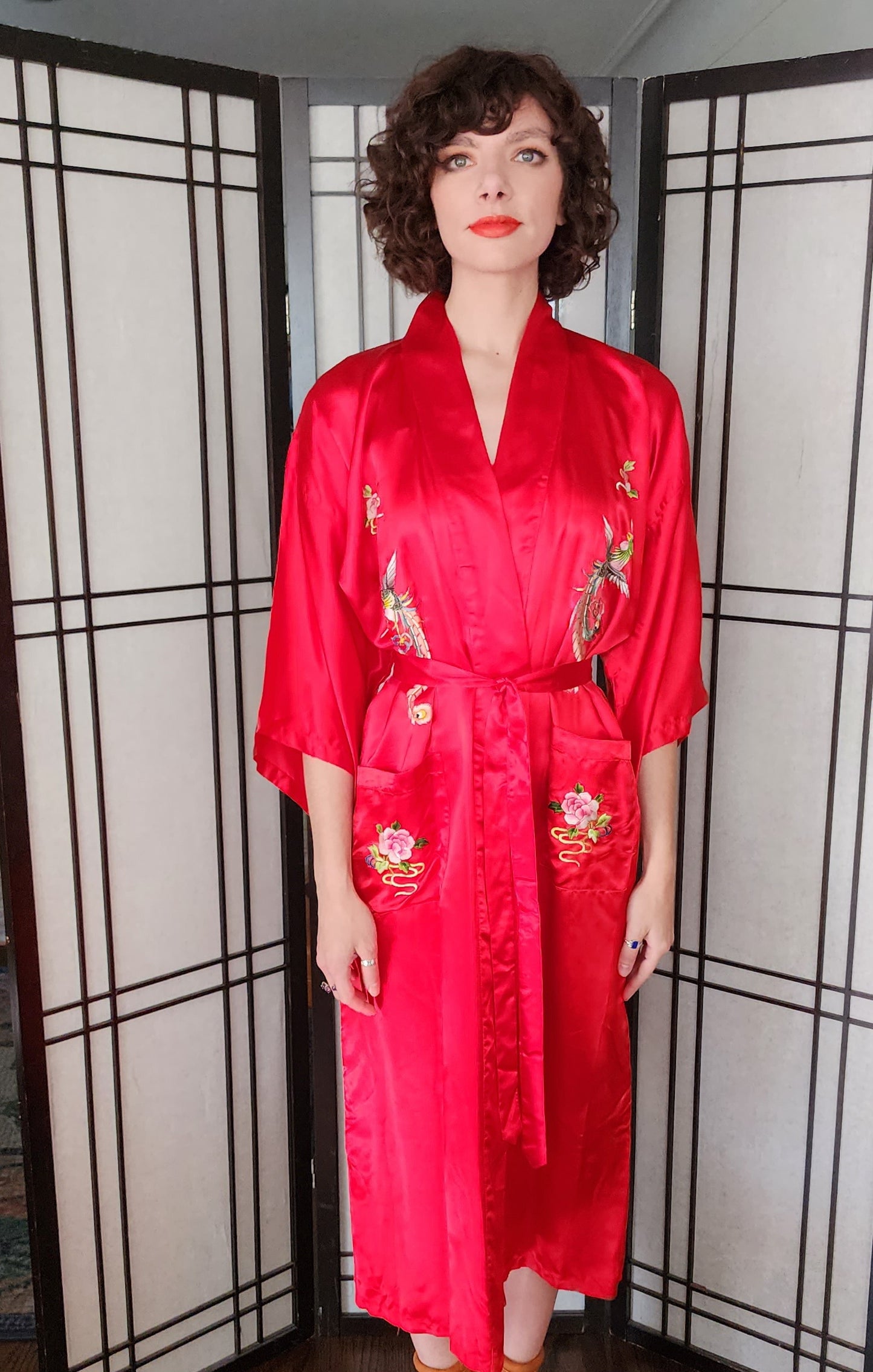 60s Chinese Silk Robe Red Embroidered Golden Bee