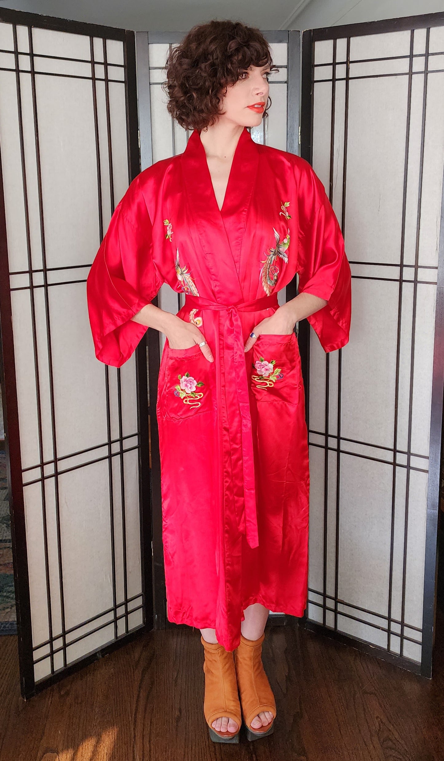60s Chinese Silk Robe Red Embroidered Golden Bee