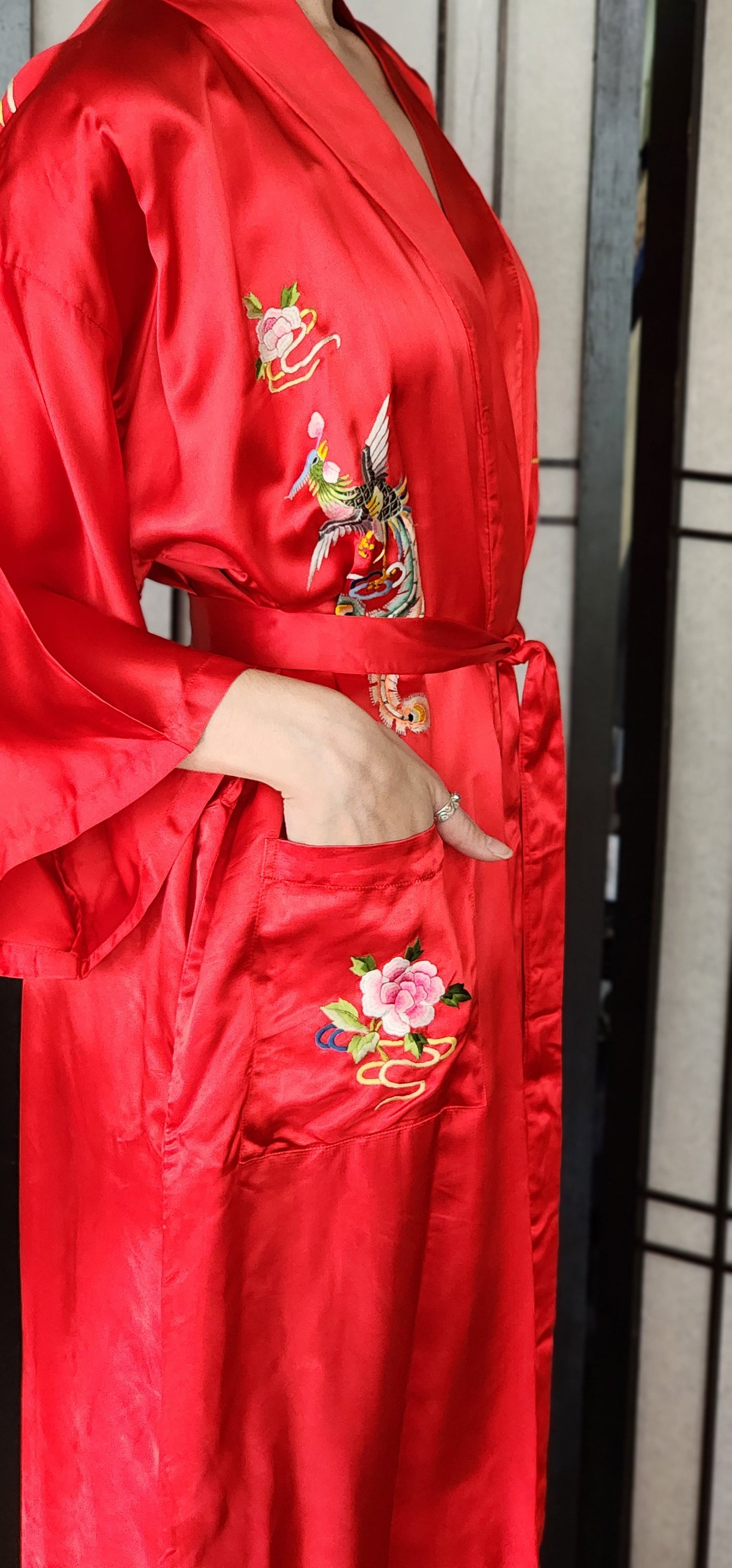 60s Chinese Silk Robe Red Embroidered Golden Bee