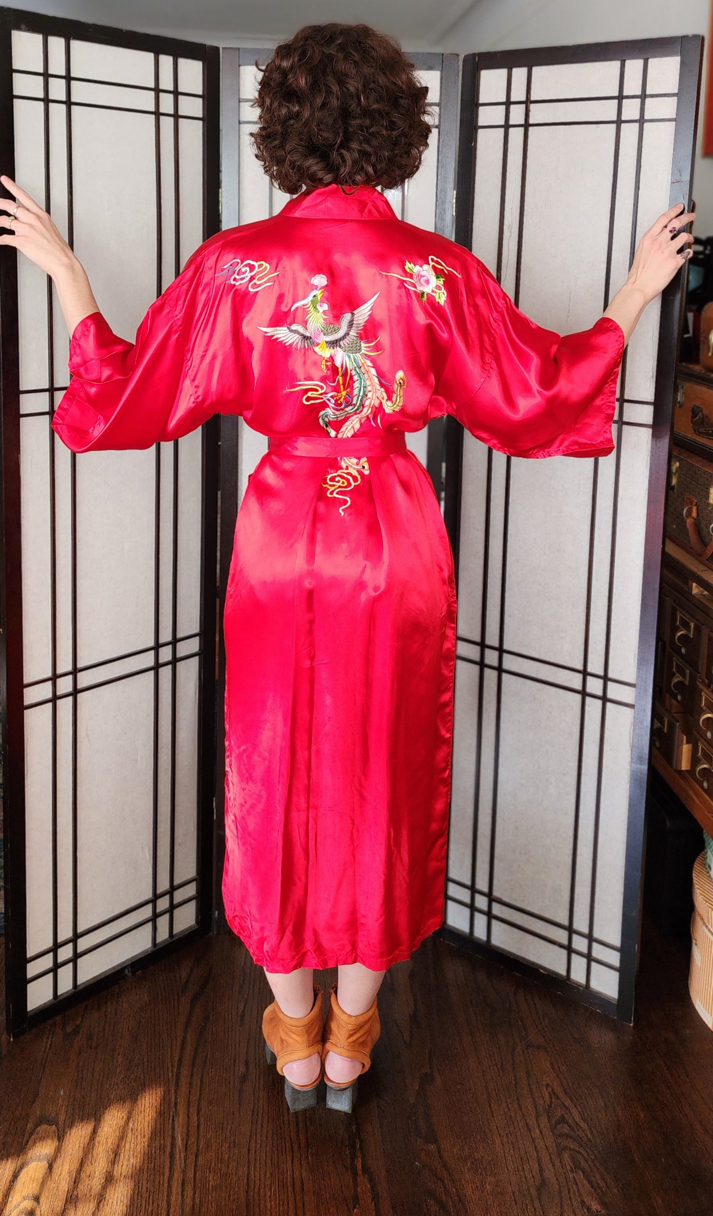 60s Chinese Silk Robe Red Embroidered Golden Bee
