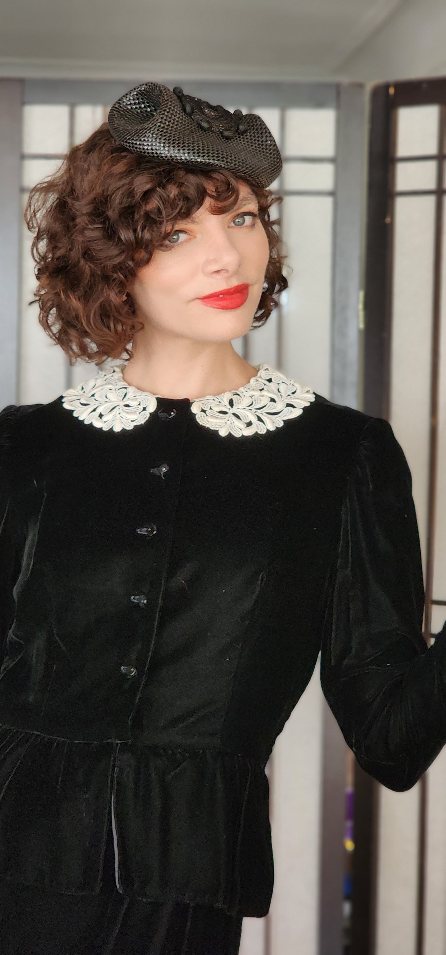 80s Black Velvet Dress White Lace Collar Joan Leslie Kasper
