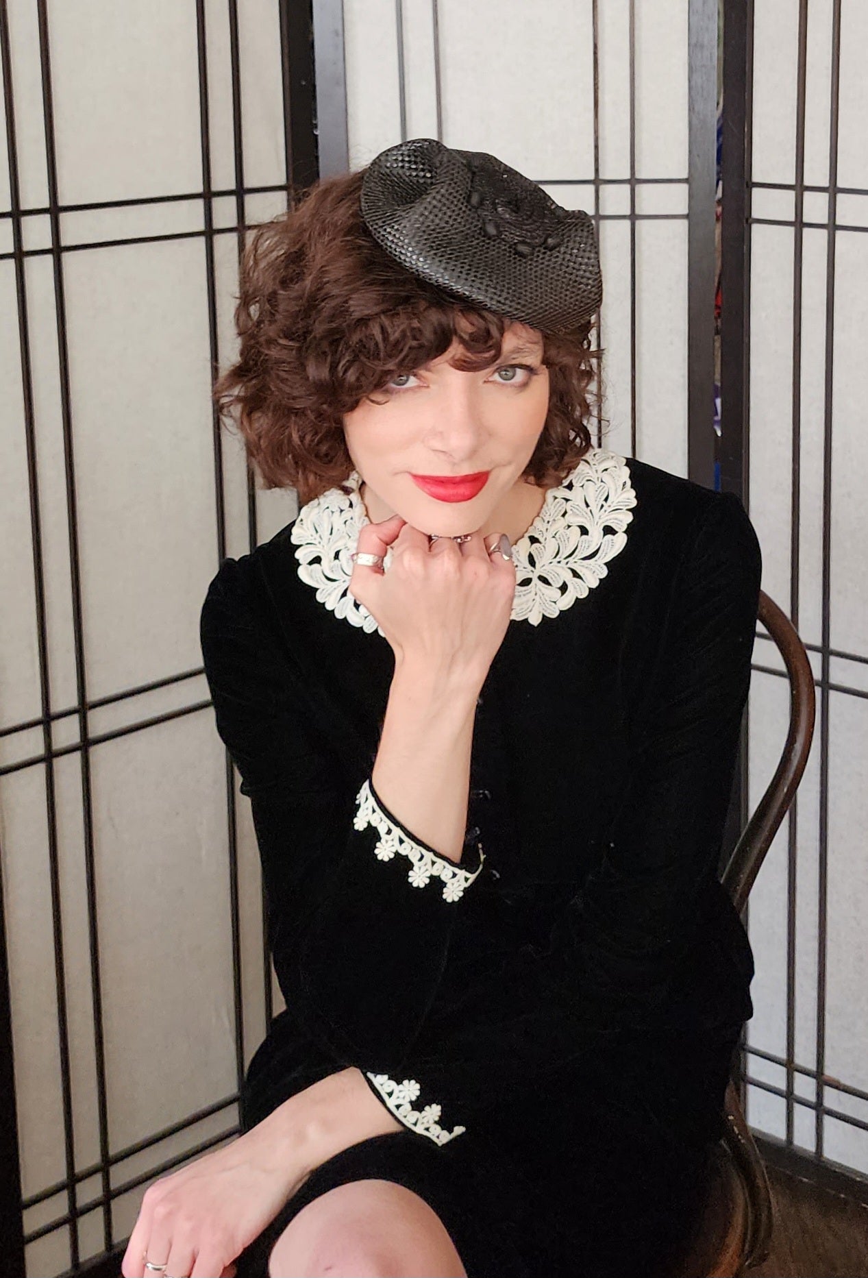 80s Black Velvet Dress White Lace Collar Joan Leslie Kasper