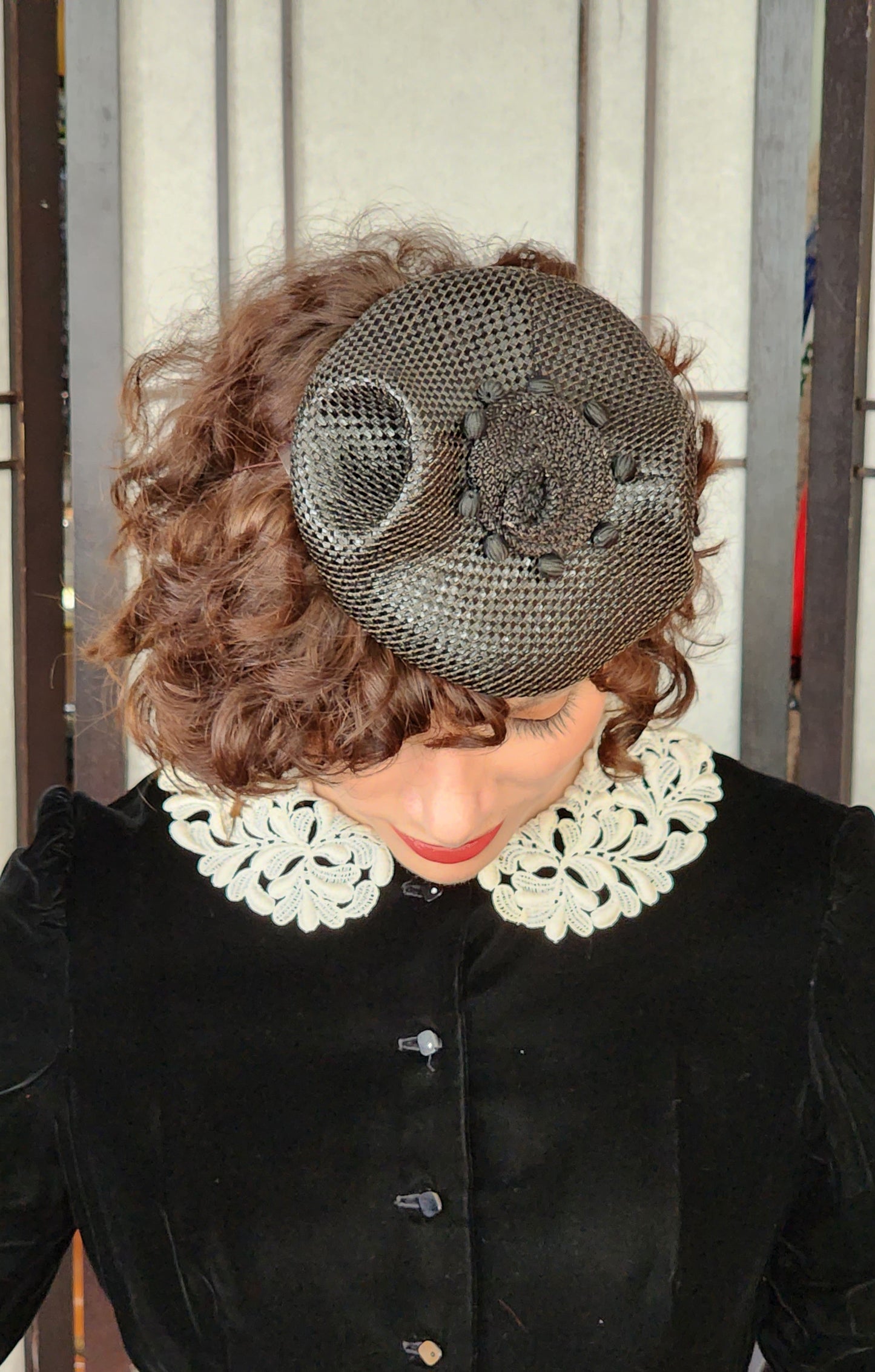 50s Black Straw Beanie Hat Junia Carson Pirie Scott Modernist