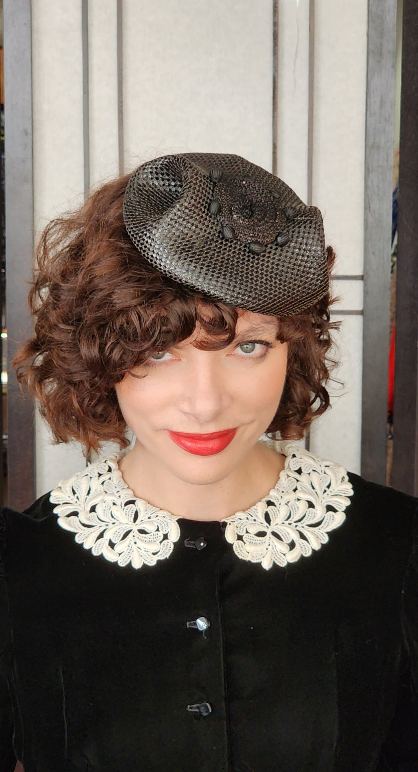 50s Black Straw Beanie Hat Junia Carson Pirie Scott Modernist