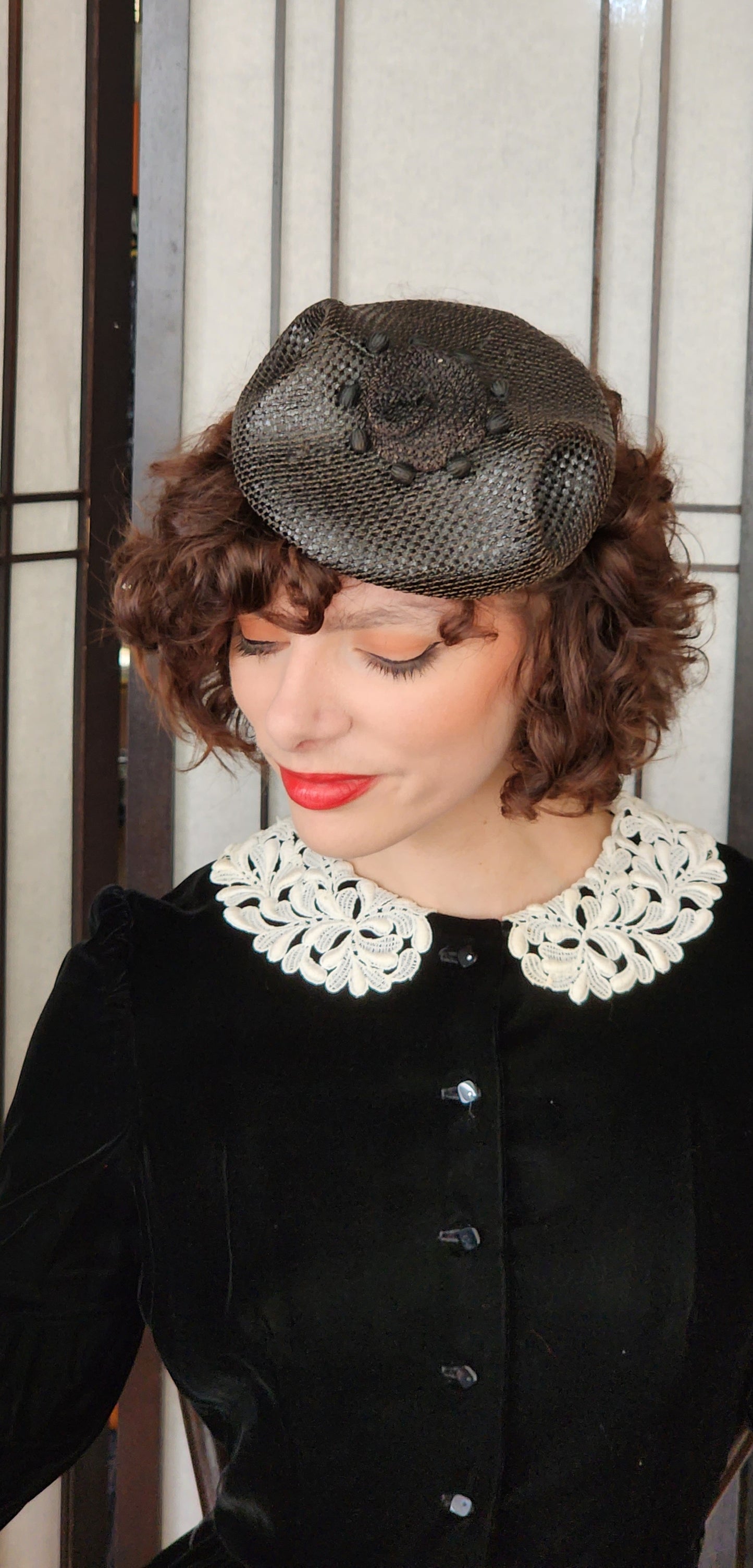 50s Black Straw Beanie Hat Junia Carson Pirie Scott Modernist