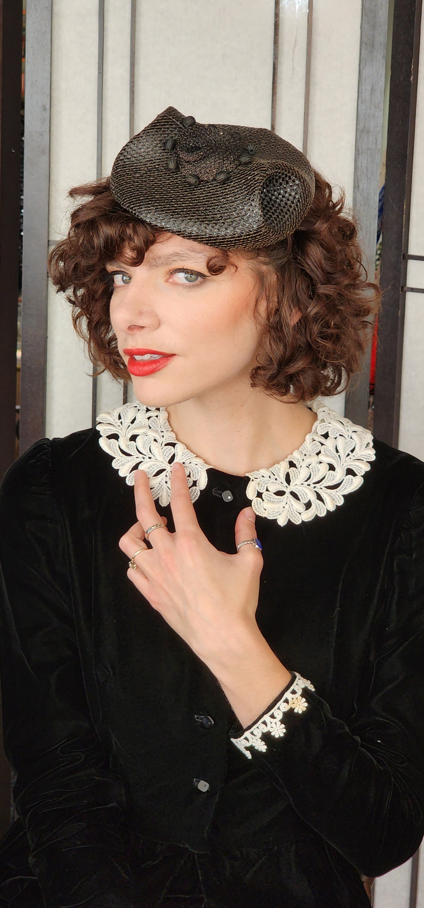 80s Black Velvet Dress White Lace Collar Joan Leslie Kasper