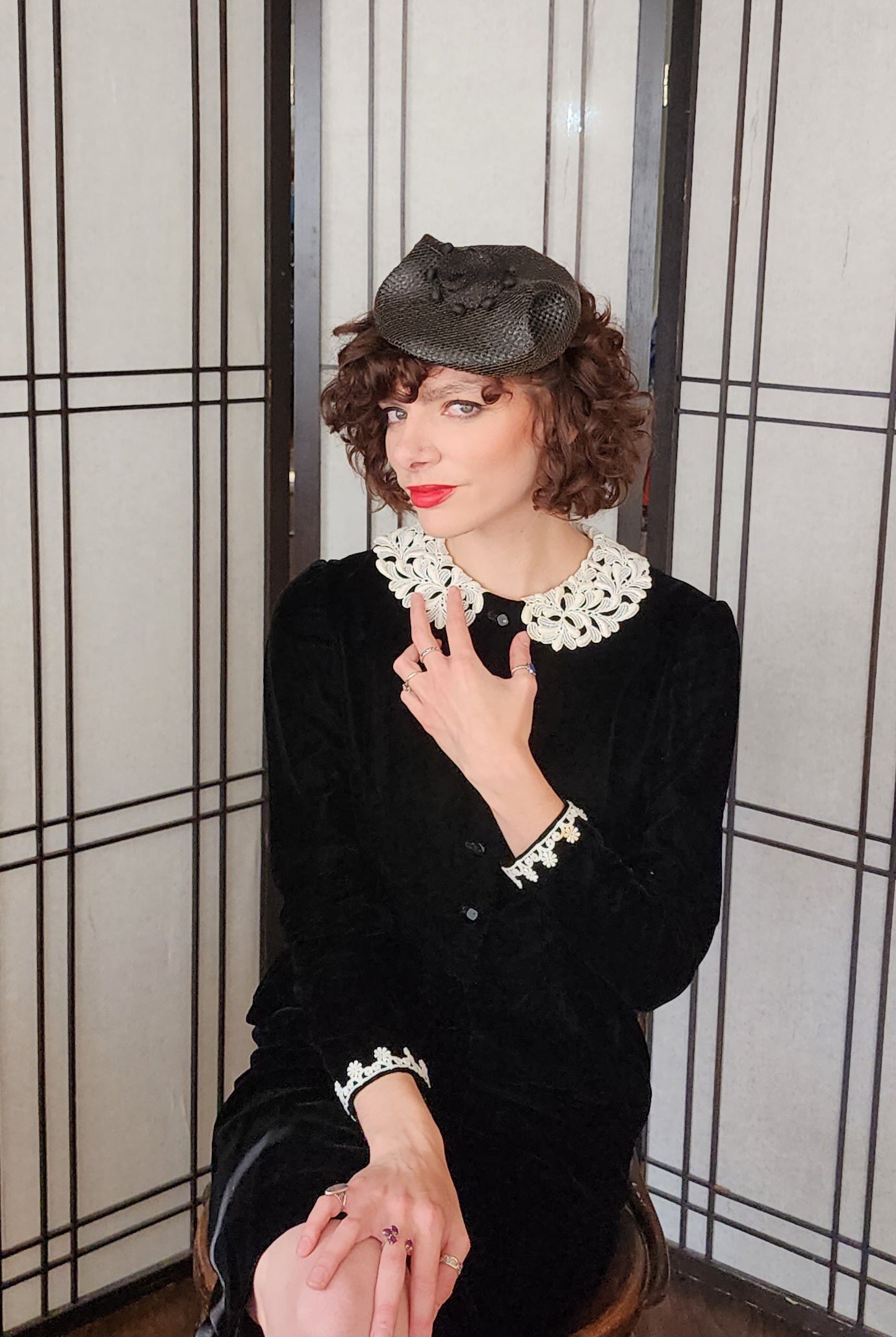 50s Black Straw Beanie Hat Junia Carson Pirie Scott Modernist