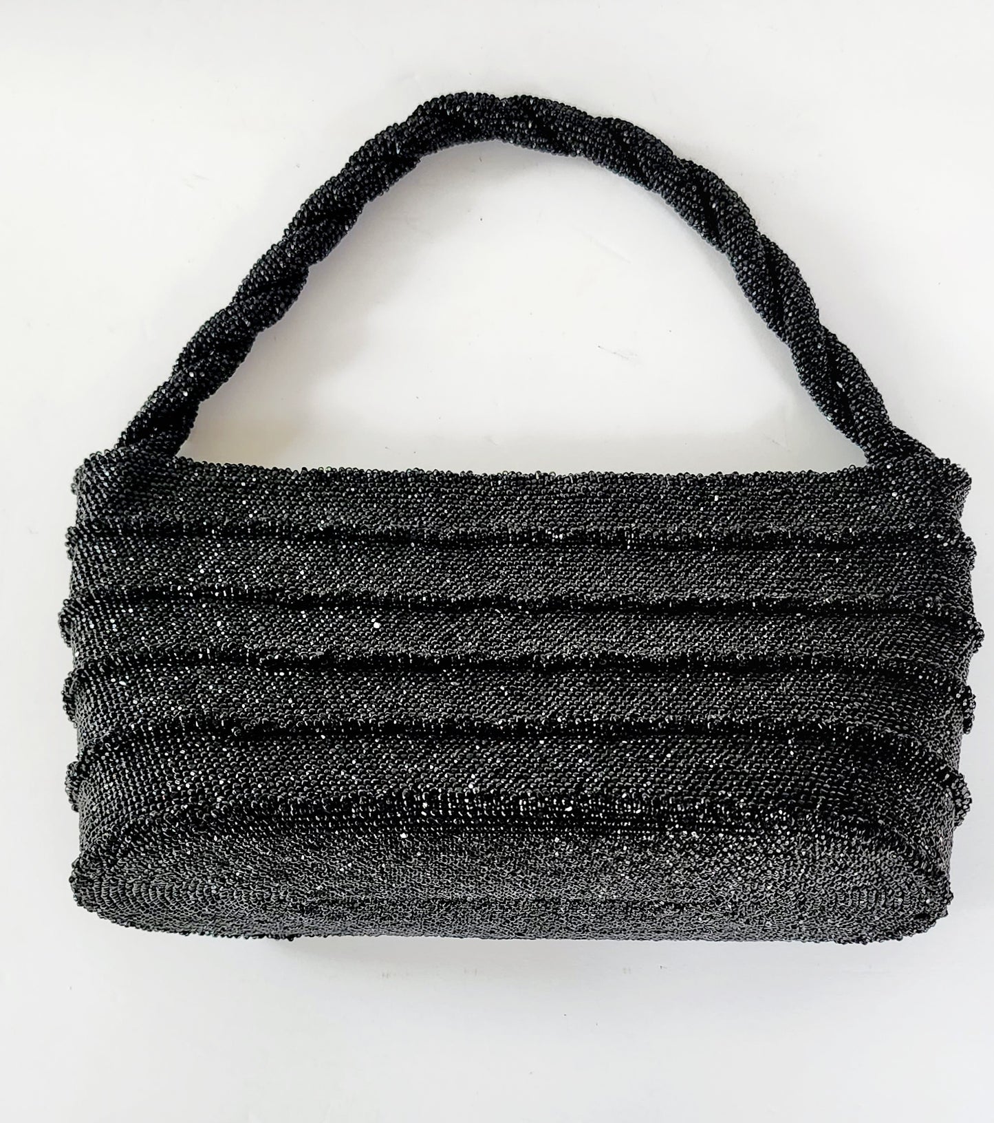50s Black Beaded Handbag Shiny Hematite