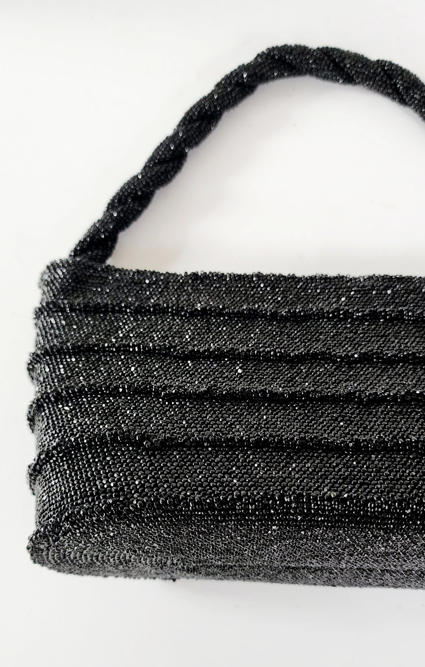 50s Black Beaded Handbag Shiny Hematite