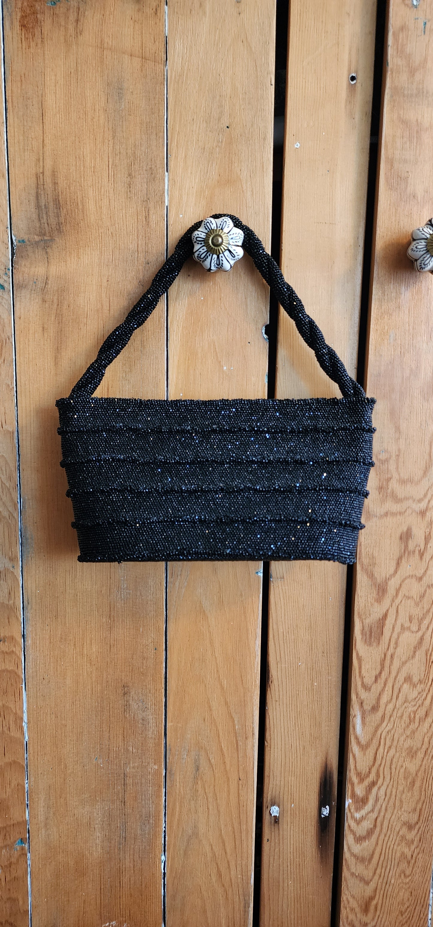 50s Black Beaded Handbag Shiny Hematite