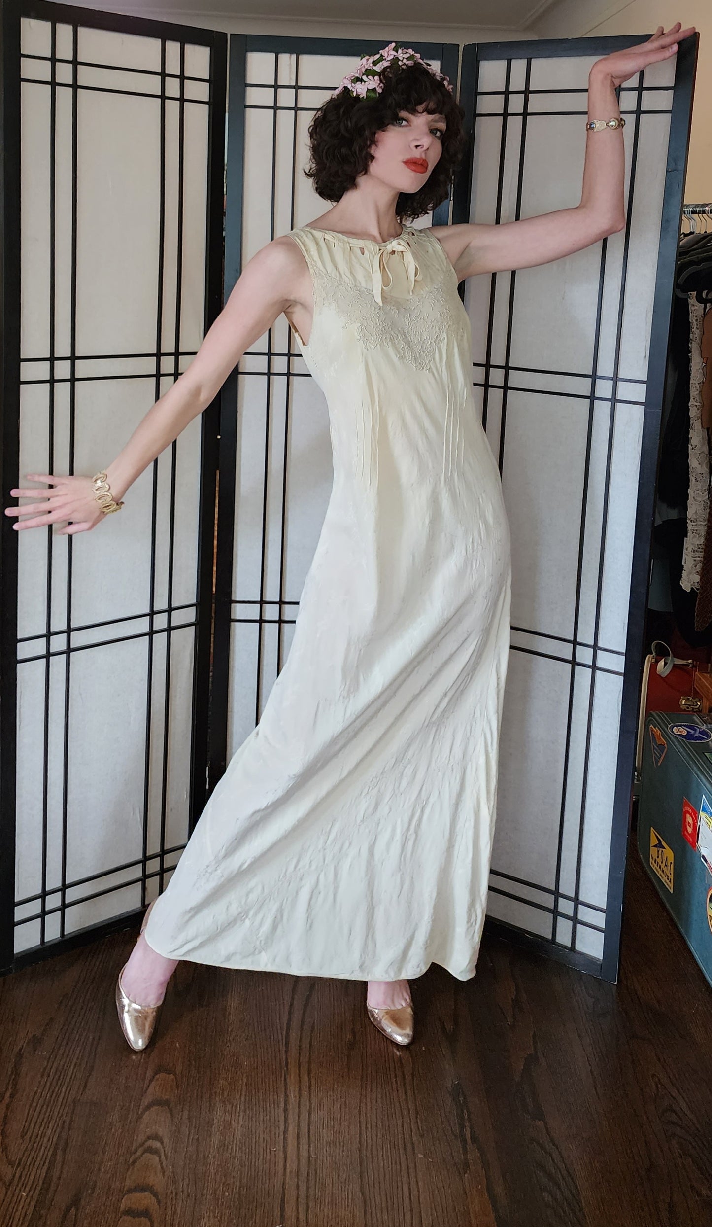 30s Cream Silk Long Slip Dress Embroidered M