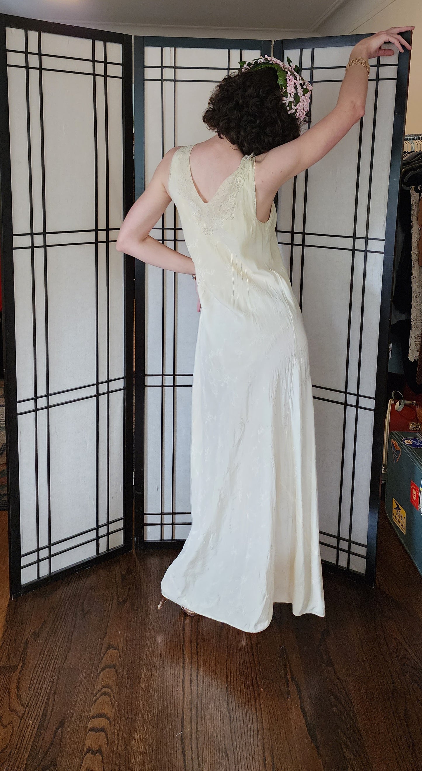 30s Cream Silk Long Slip Dress Embroidered M