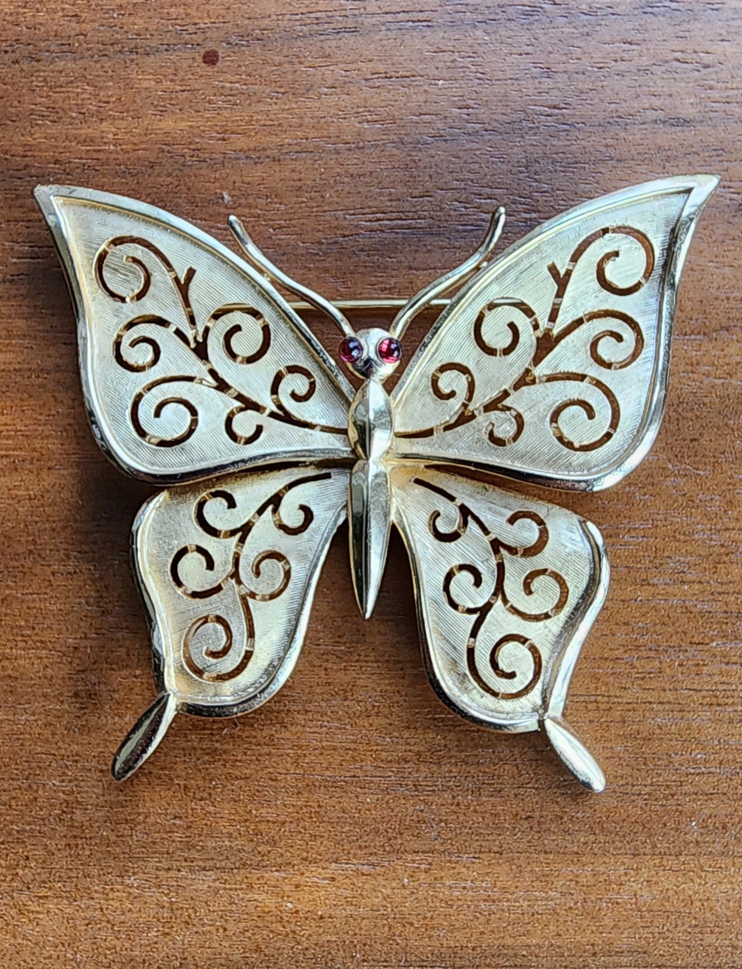 60s Trifari Butterfly Pin Gold Metal Red Rhinestones