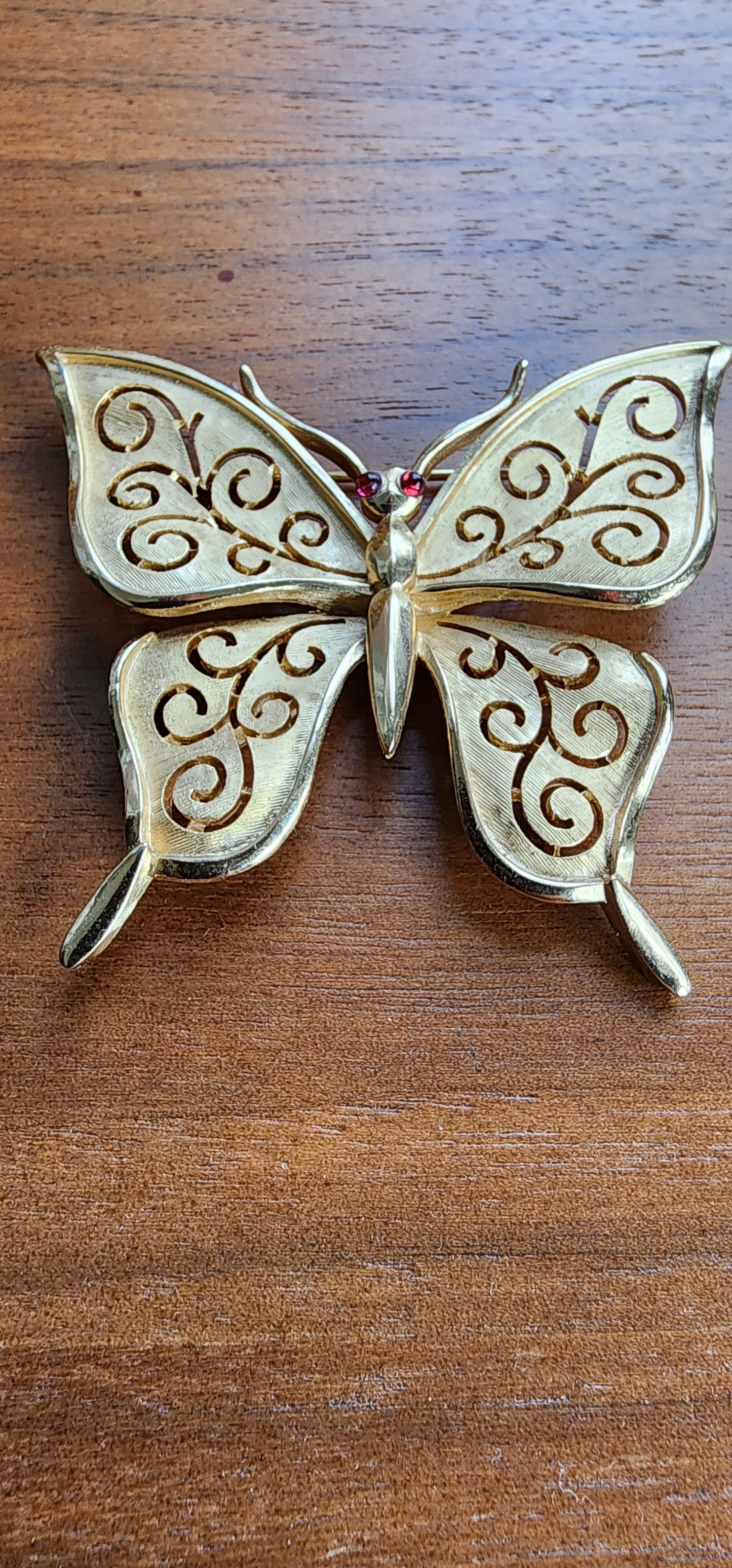 60s Trifari Butterfly Pin Gold Metal Red Rhinestones