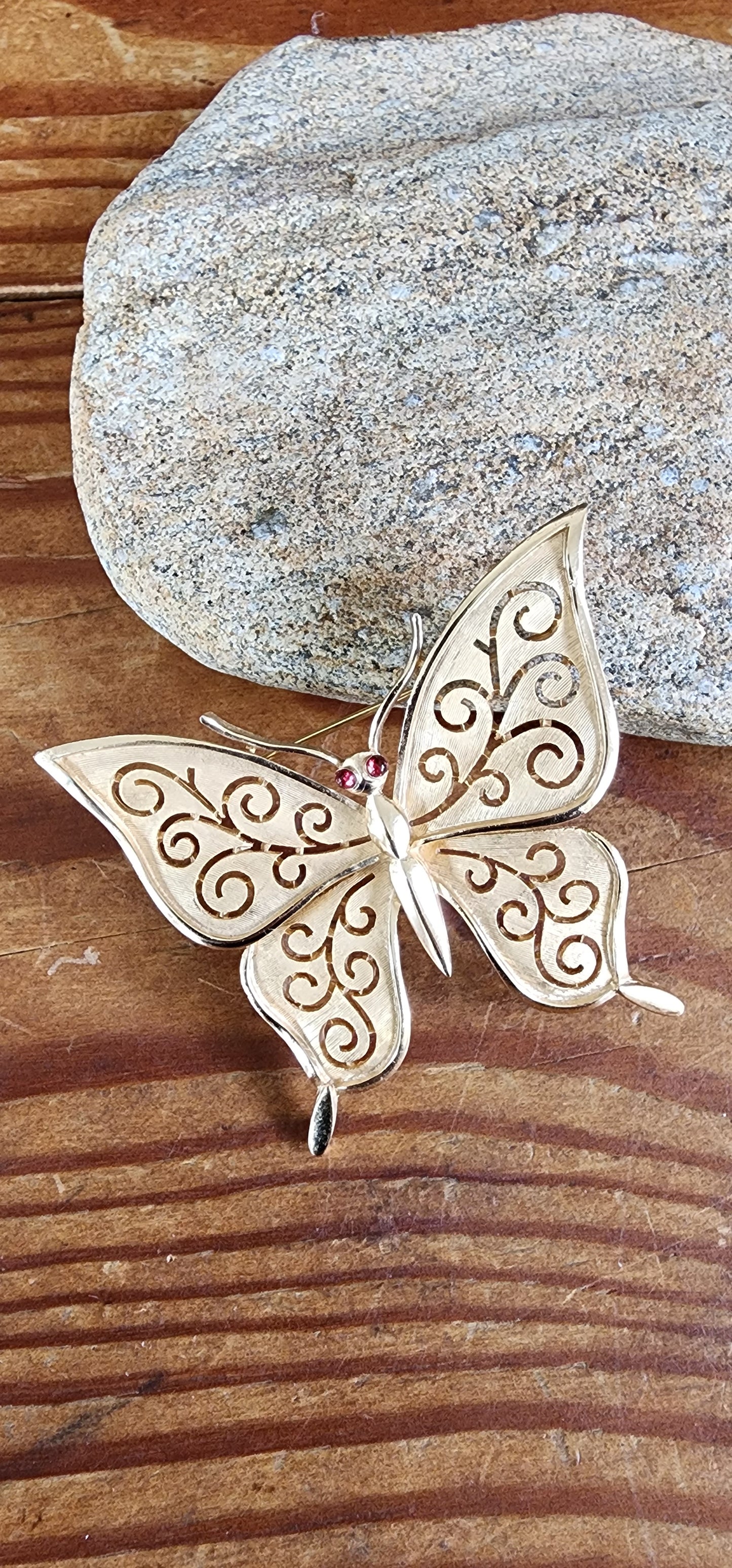 60s Trifari Butterfly Pin Gold Metal Red Rhinestones