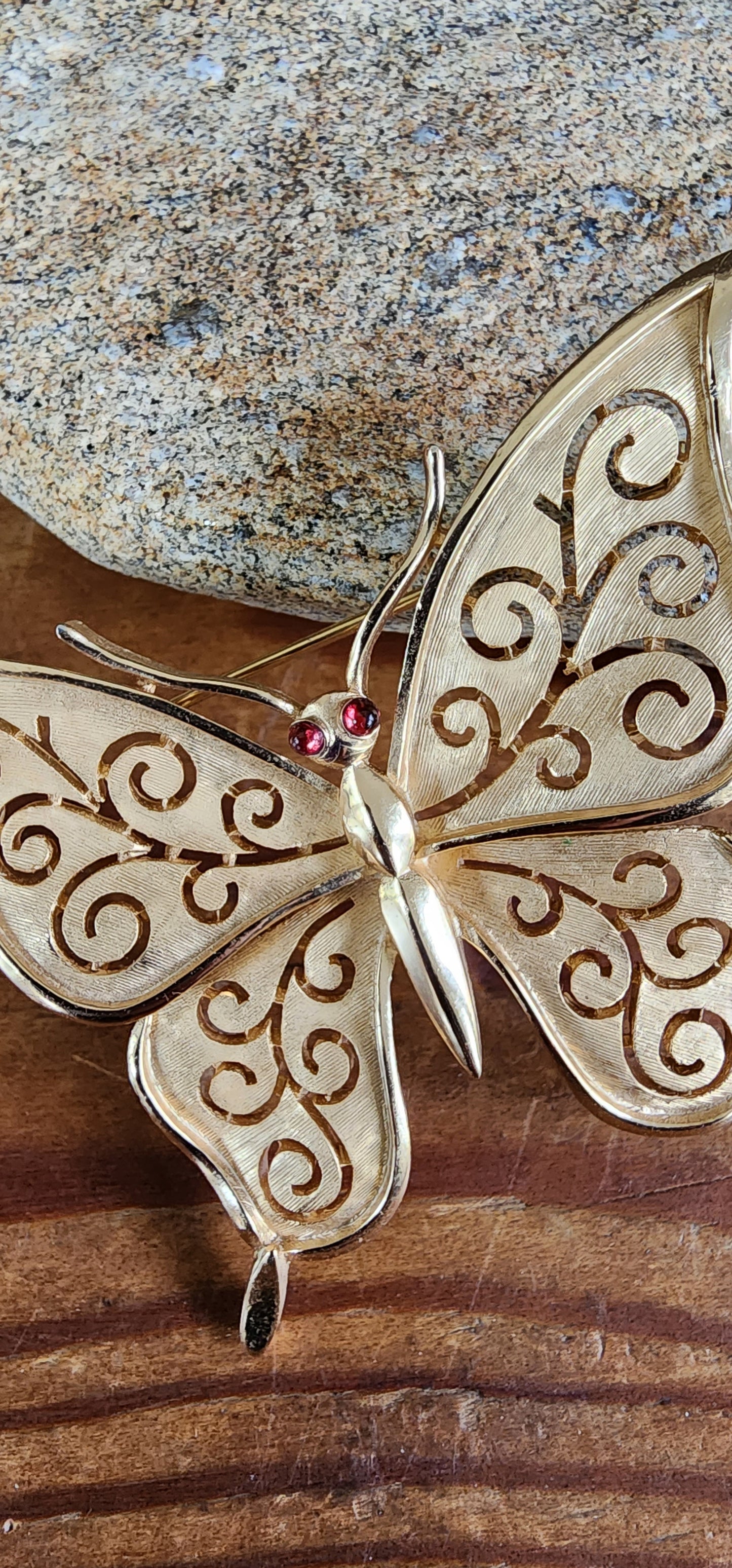 60s Trifari Butterfly Pin Gold Metal Red Rhinestones