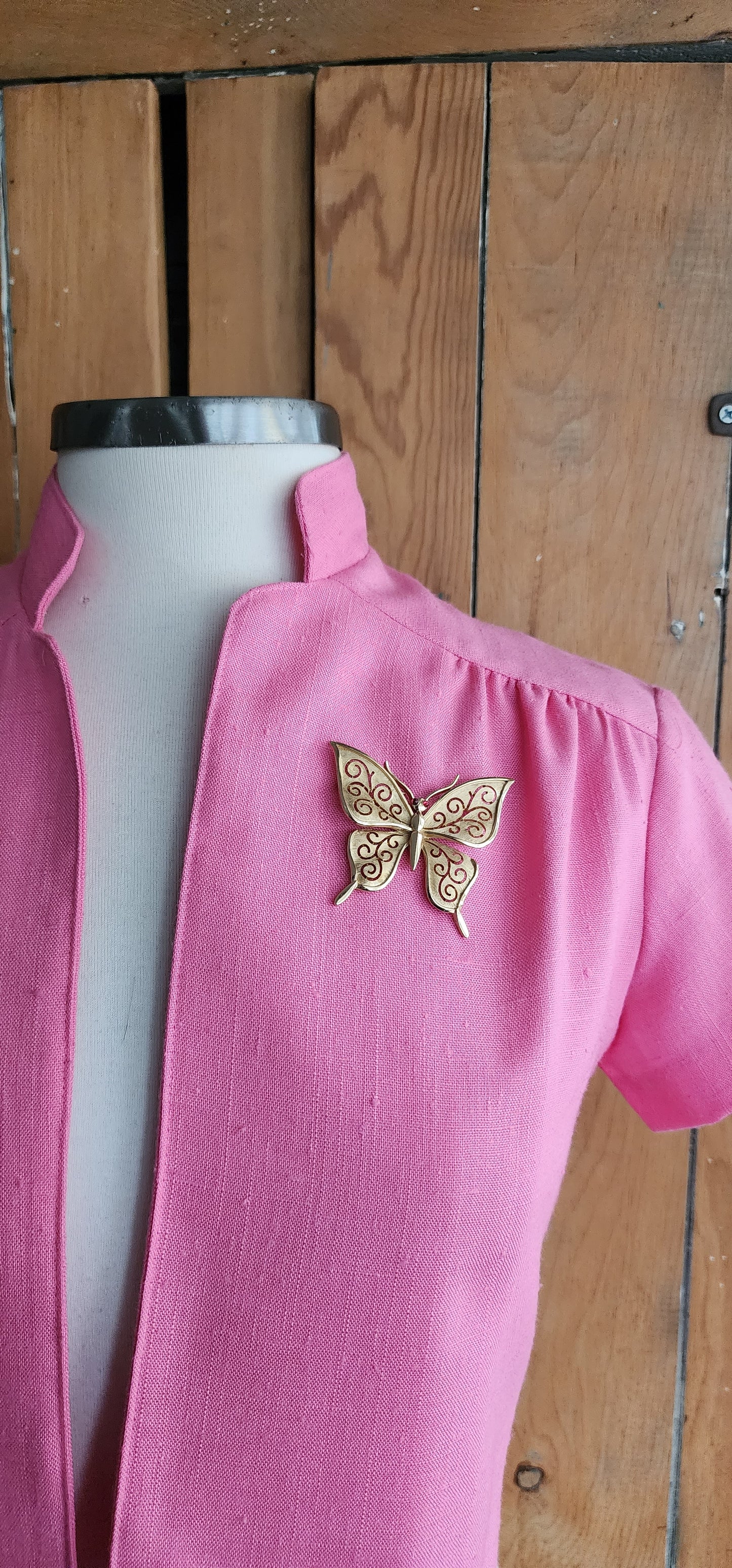 60s Trifari Butterfly Pin Gold Metal Red Rhinestones