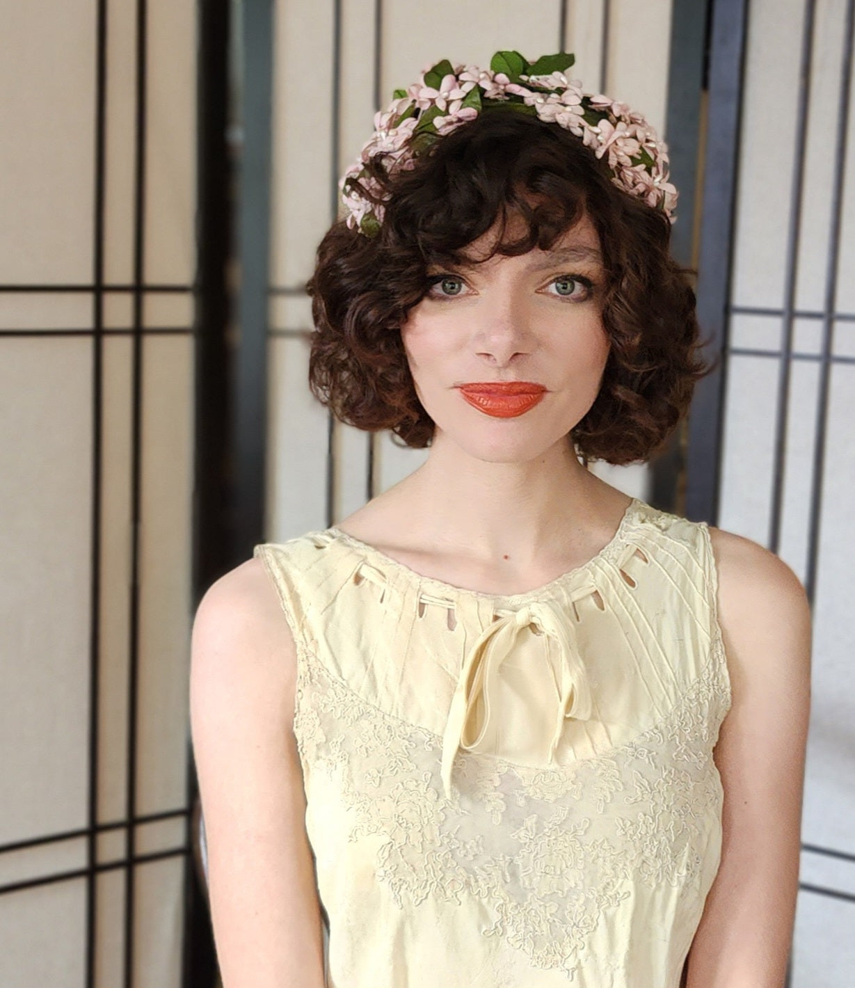 30s Cream Silk Long Slip Dress Embroidered M