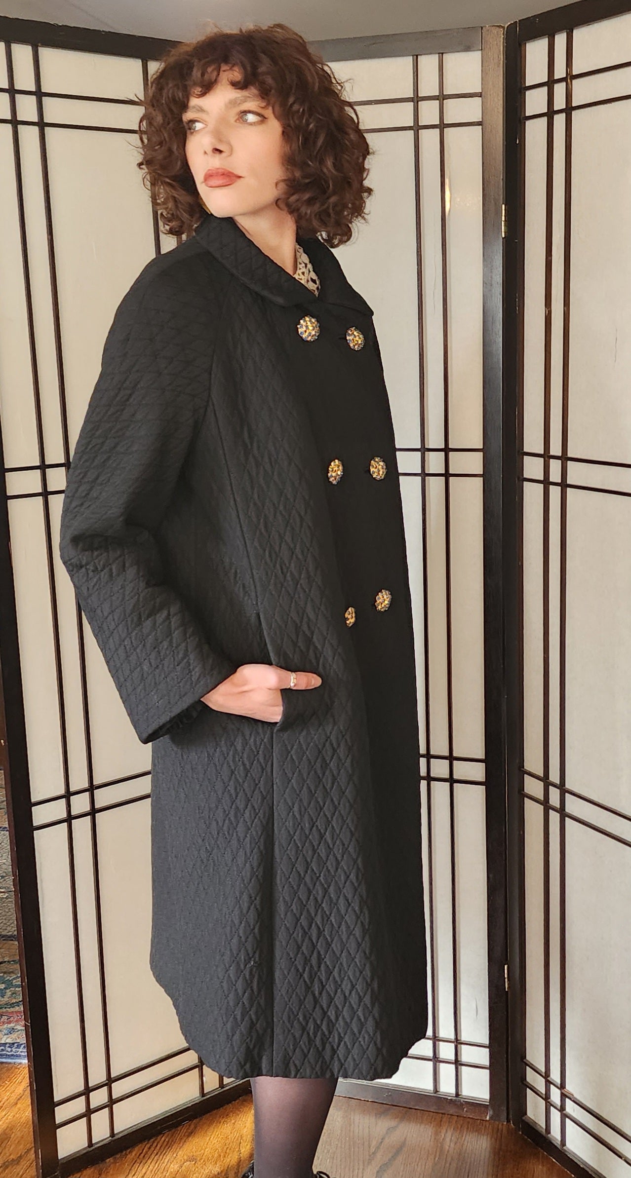 60s Black Coat Quilted w/Blue Rhinestone Buttons Bohan Landorf