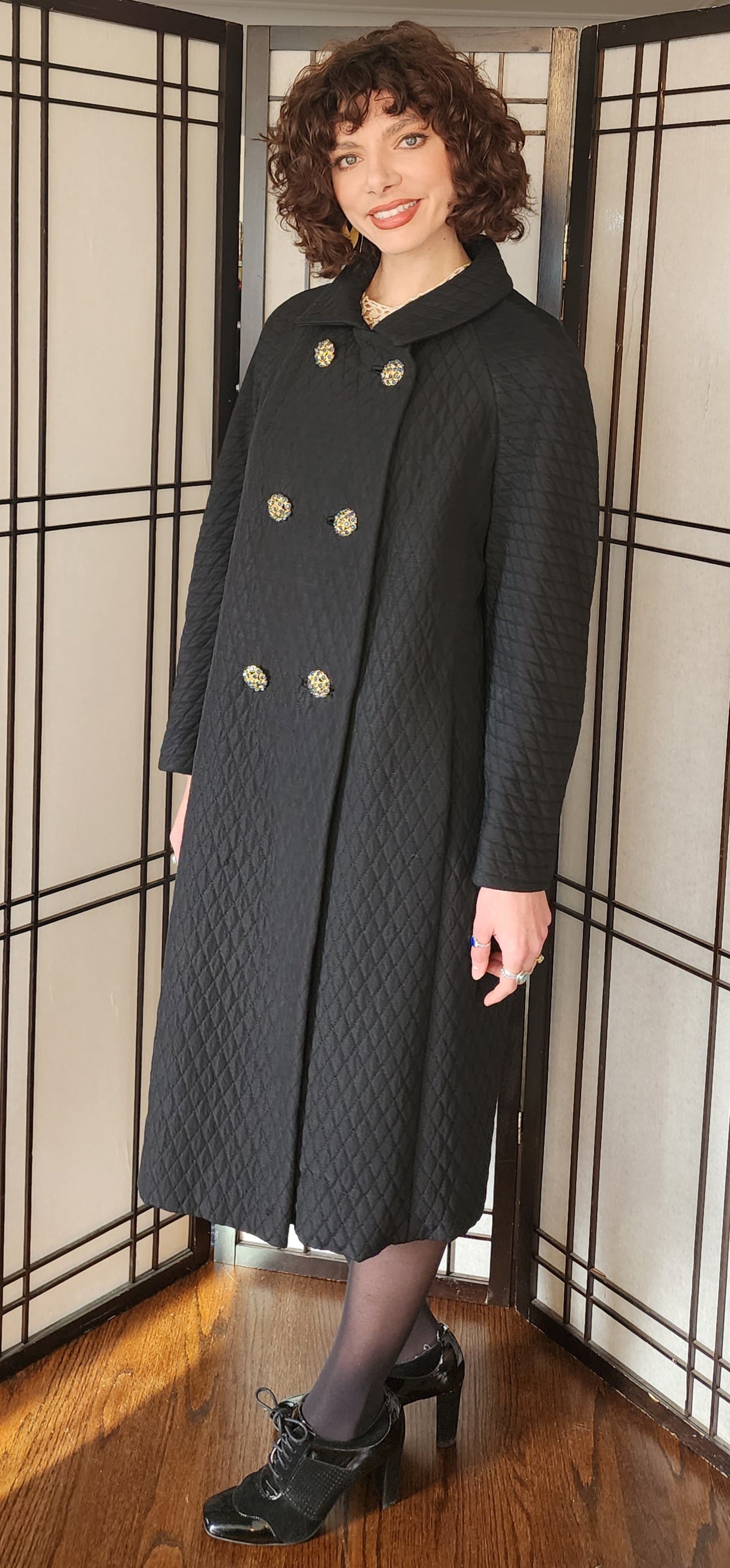 60s Black Coat Quilted w/Blue Rhinestone Buttons Bohan Landorf