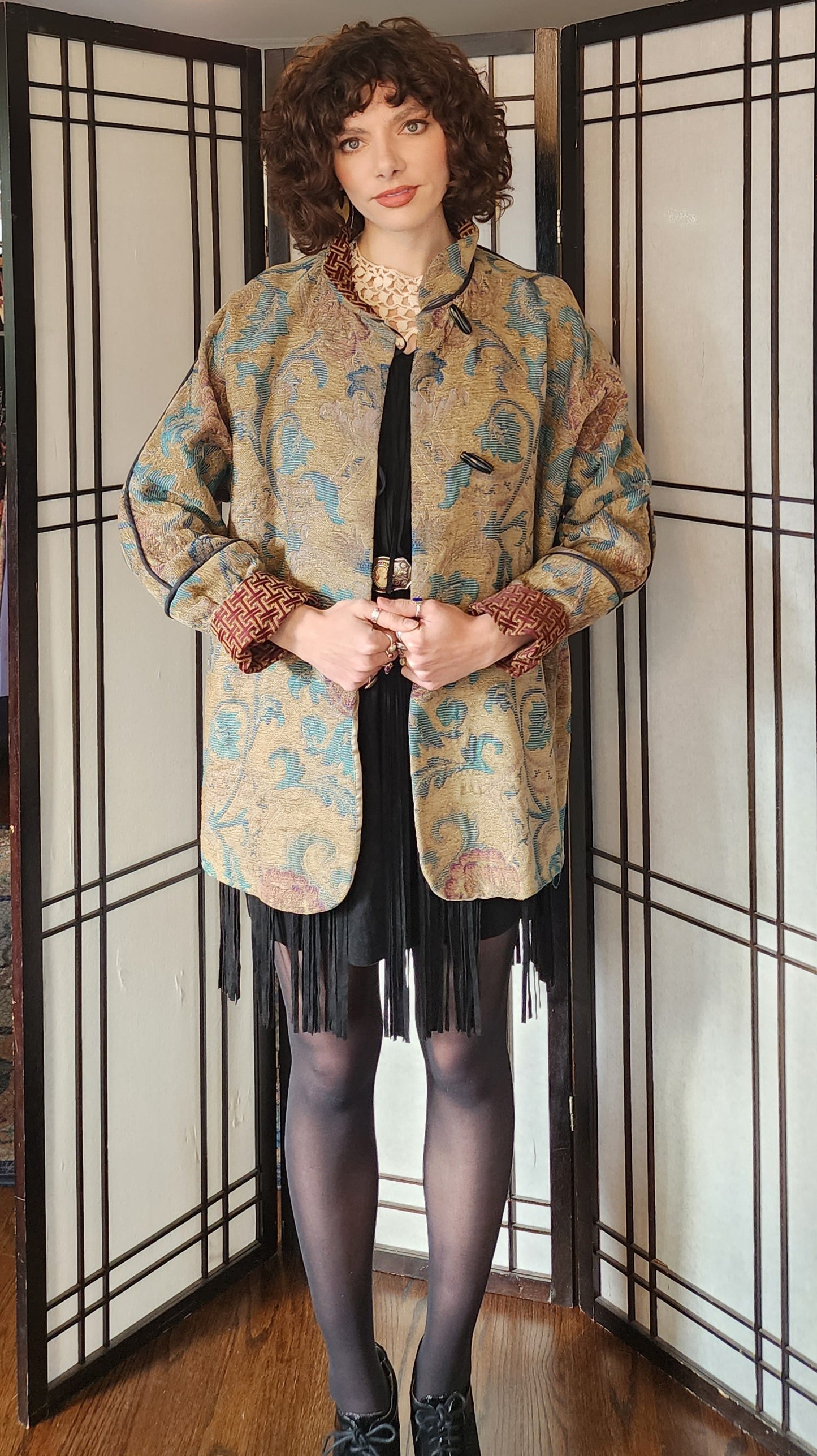 Tapestry Weave Jacket Gloria Walsh Gold Green Leafy Pattern