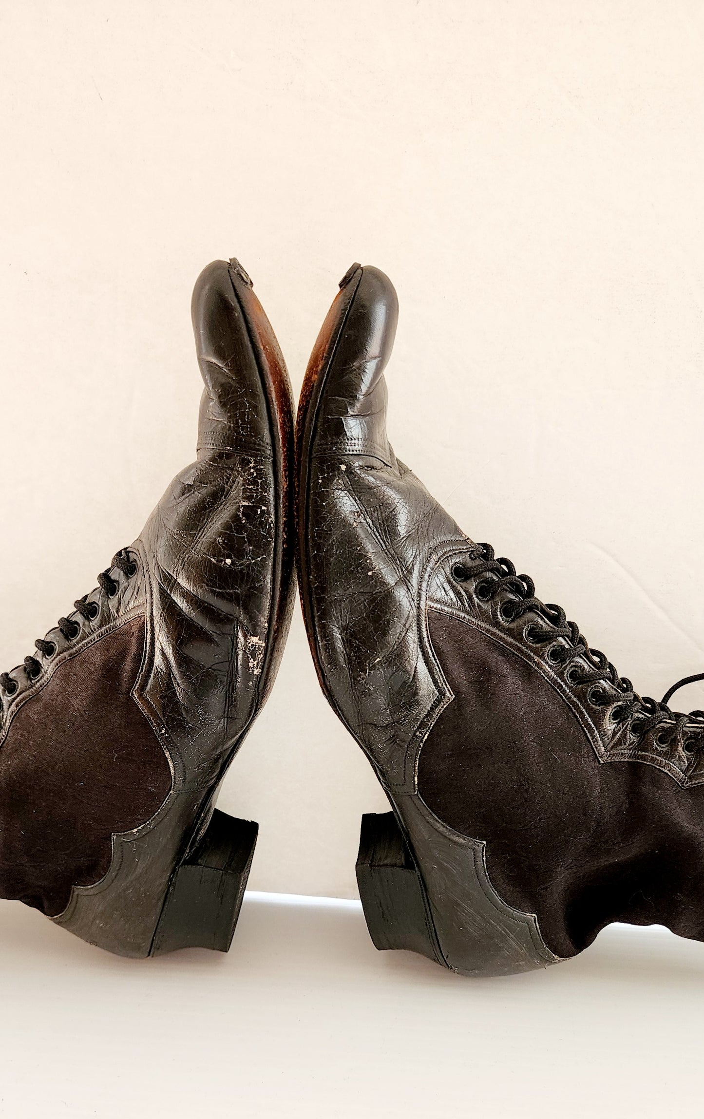 Antique Granny Boots Lace Up Black Silk & Leather Edwardian