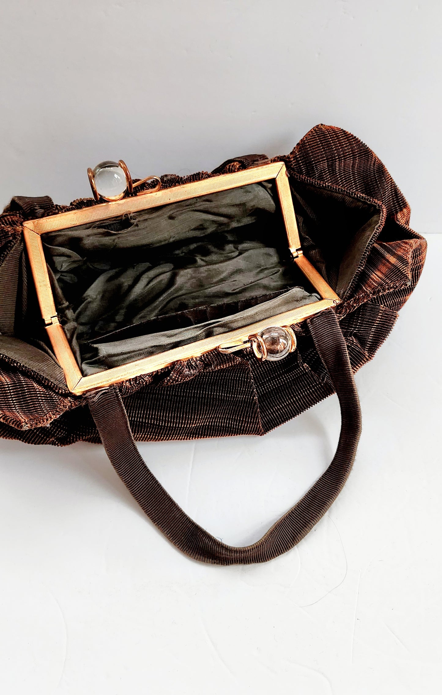 40s Brown Cloth Handbag Glass Balls Clasp