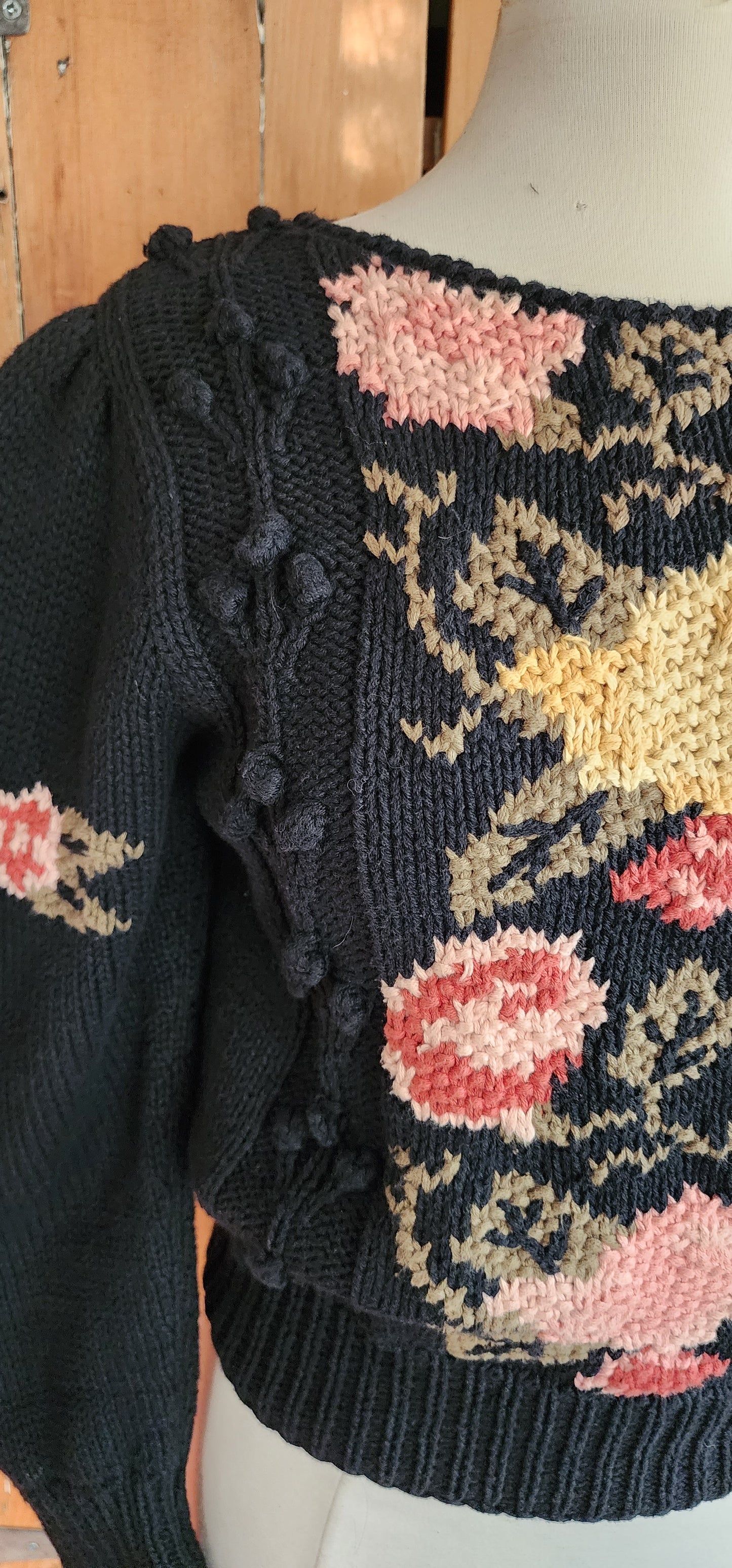 80s Black Sweater Pink Rose Flowers Liz Claiborne