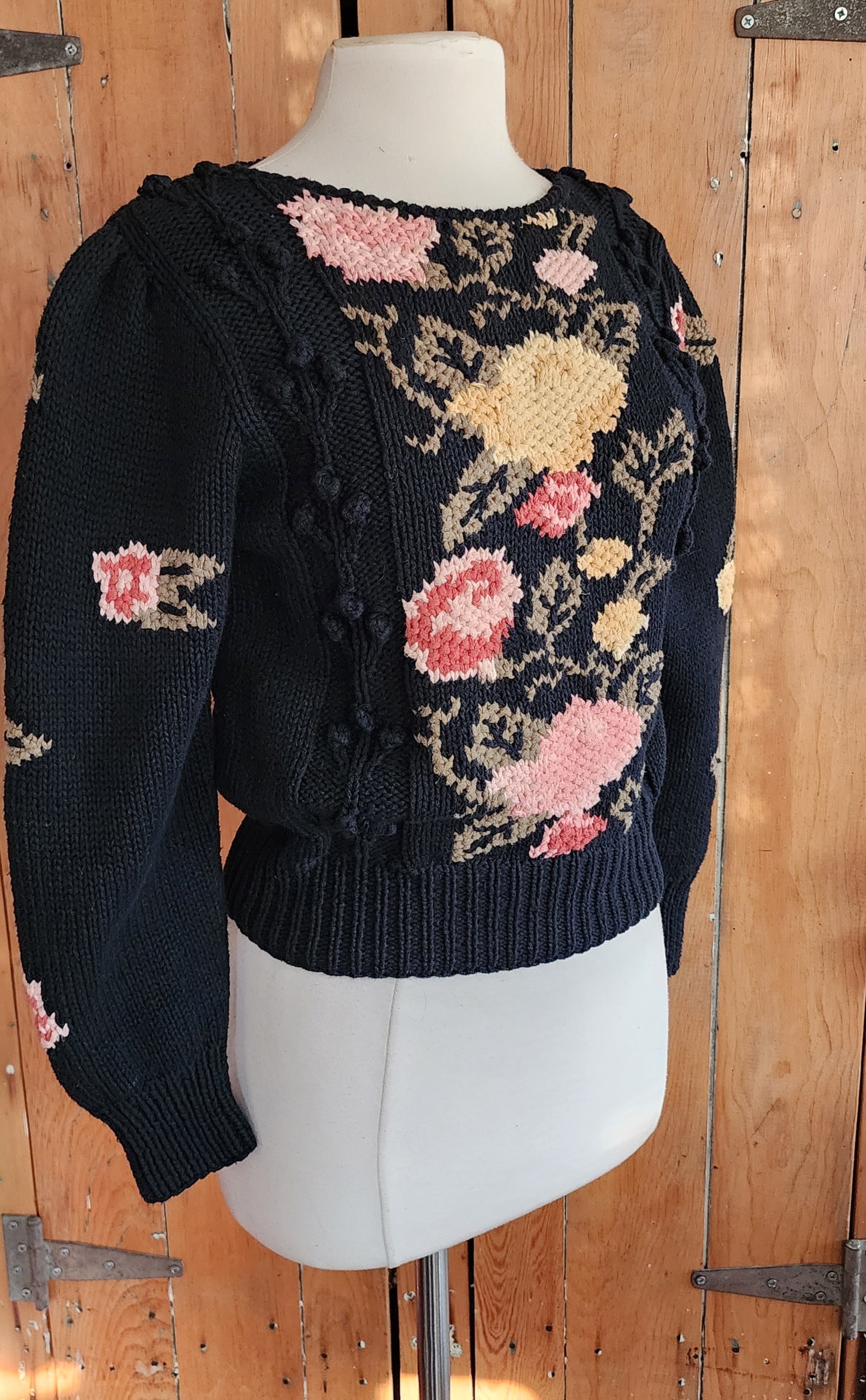 80s Black Sweater Pink Rose Flowers Liz Claiborne