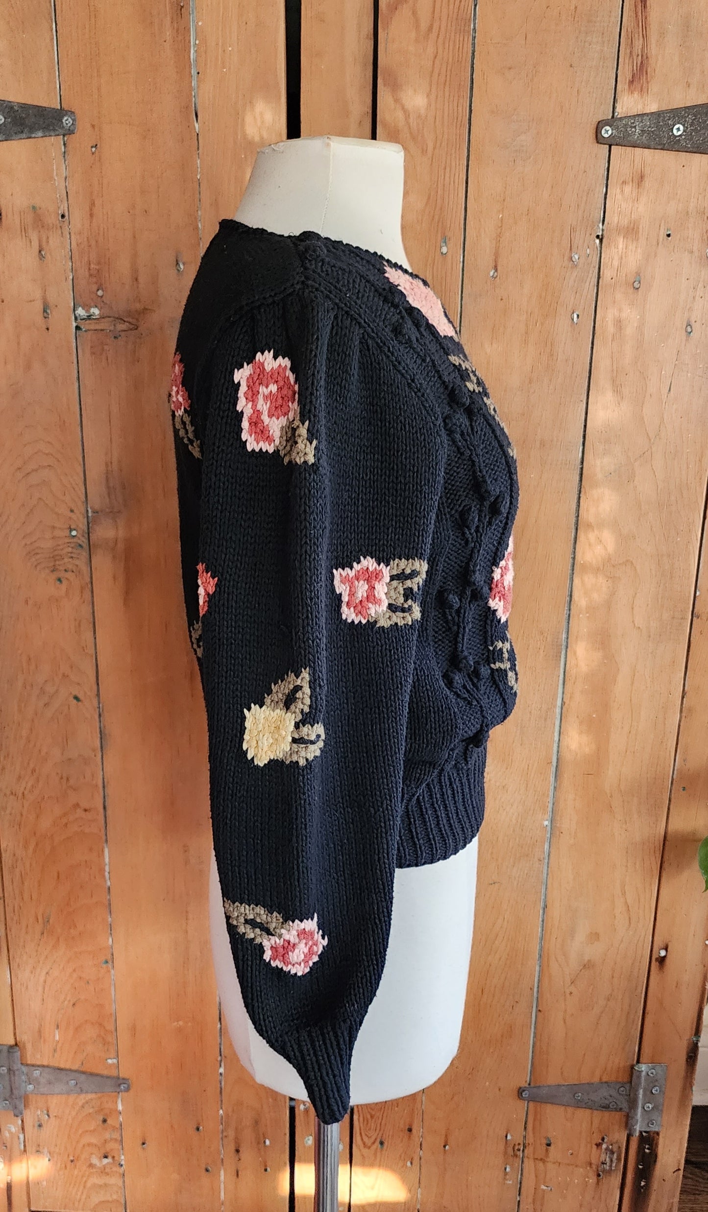 80s Black Sweater Pink Rose Flowers Liz Claiborne