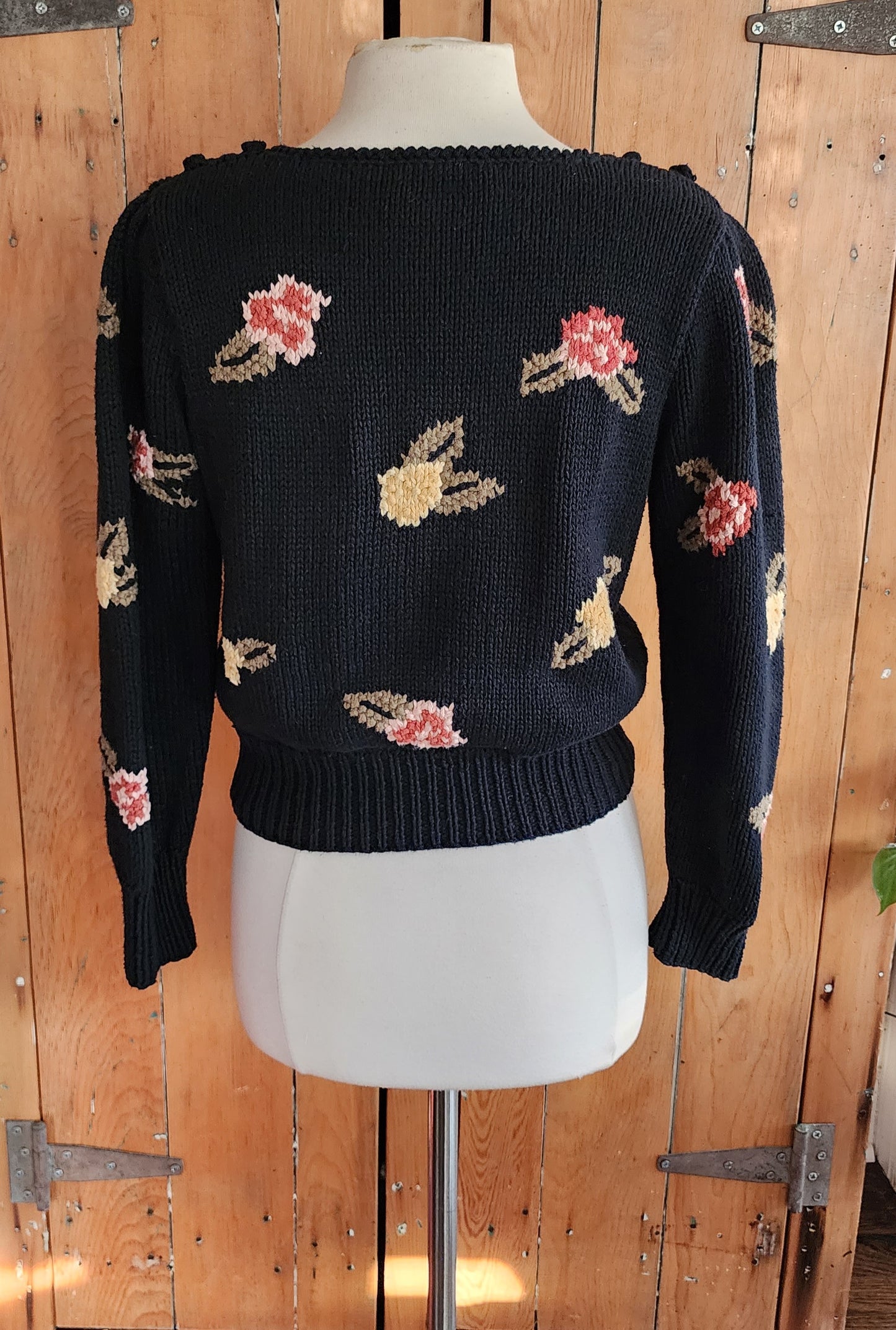 80s Black Sweater Pink Rose Flowers Liz Claiborne