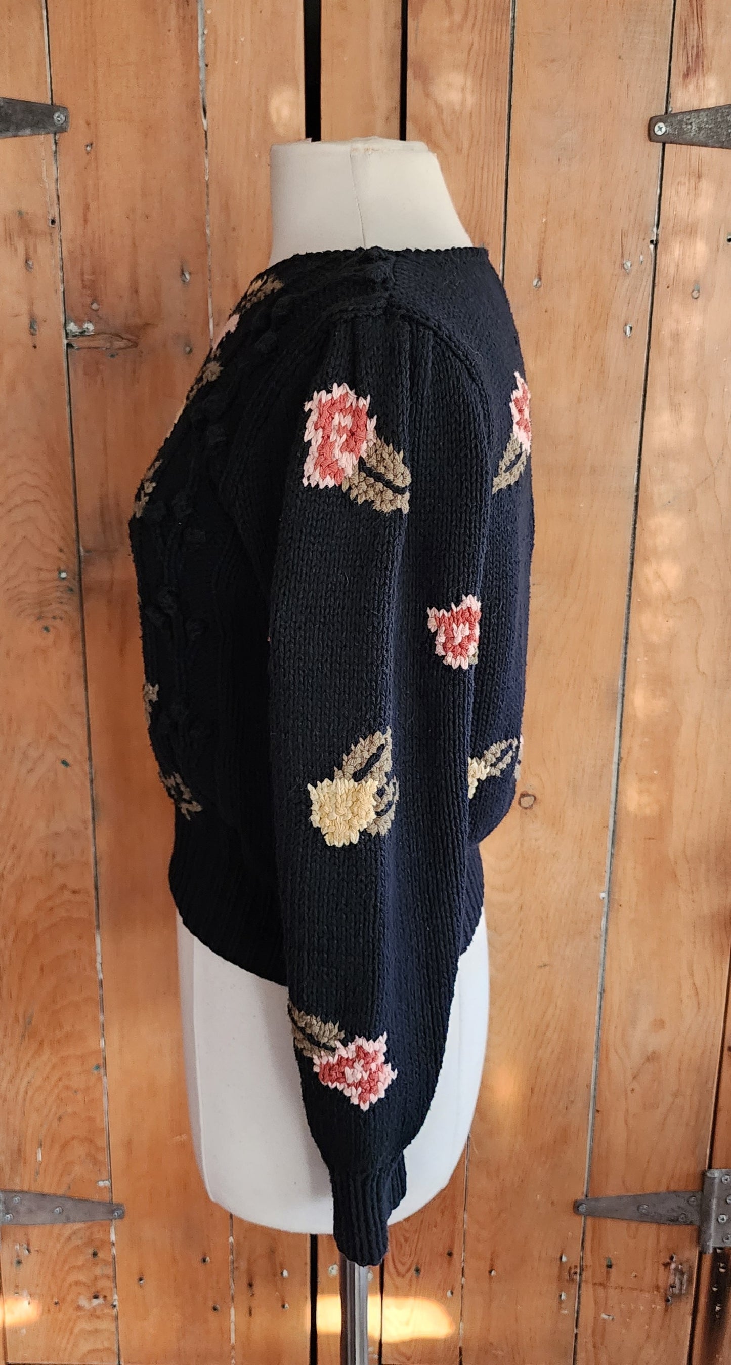 80s Black Sweater Pink Rose Flowers Liz Claiborne