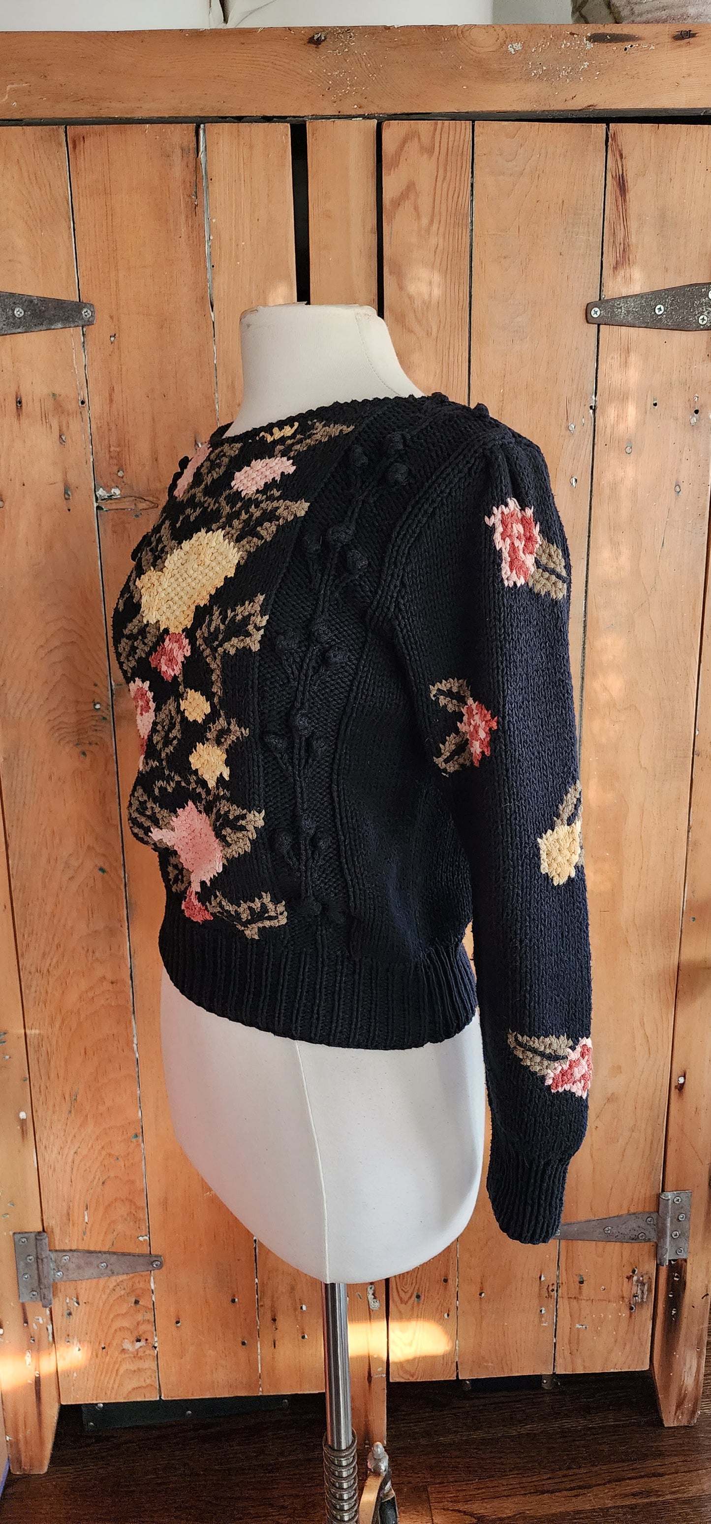 80s Black Sweater Pink Rose Flowers Liz Claiborne