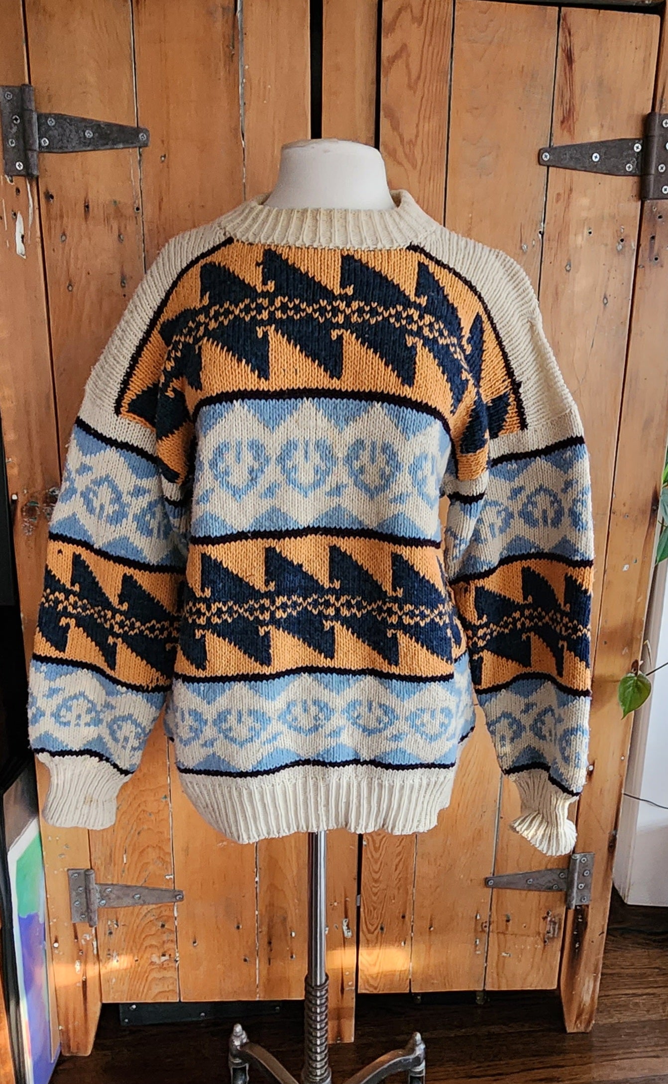 80s Wool Ski Sweater Cream Orange Blue Pattern Passports