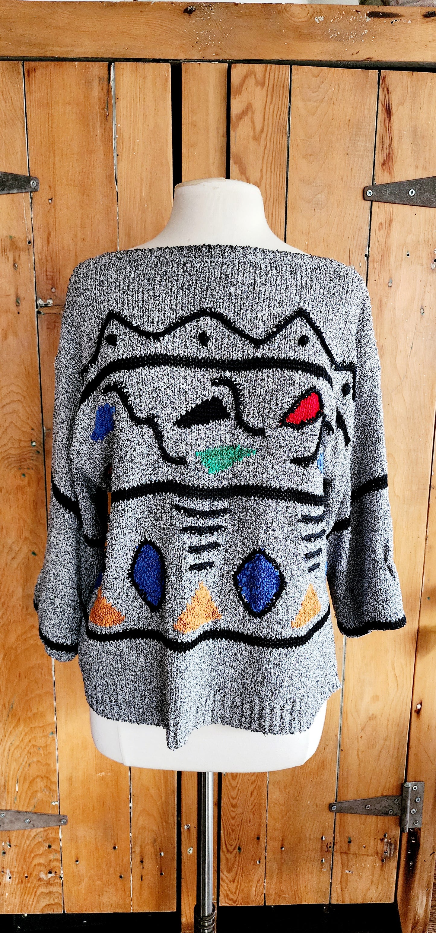 80s Gray Sweater w/Multicolored Graphics Mariea Kim