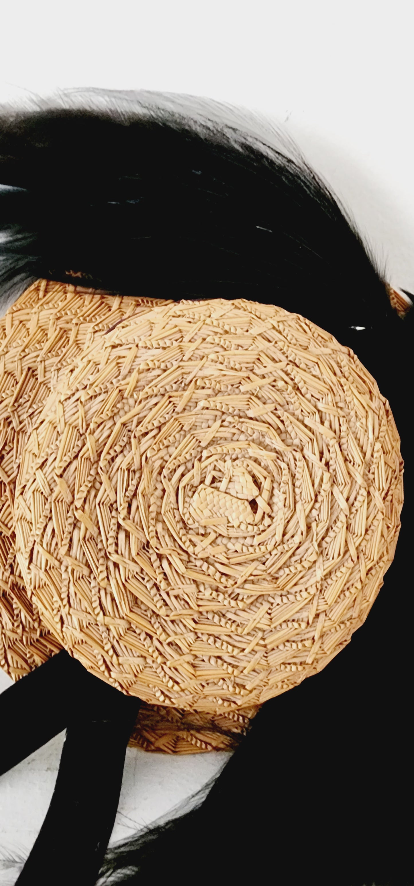 Antique Edwardian Straw Hat w/Black Bird Head & Feathers