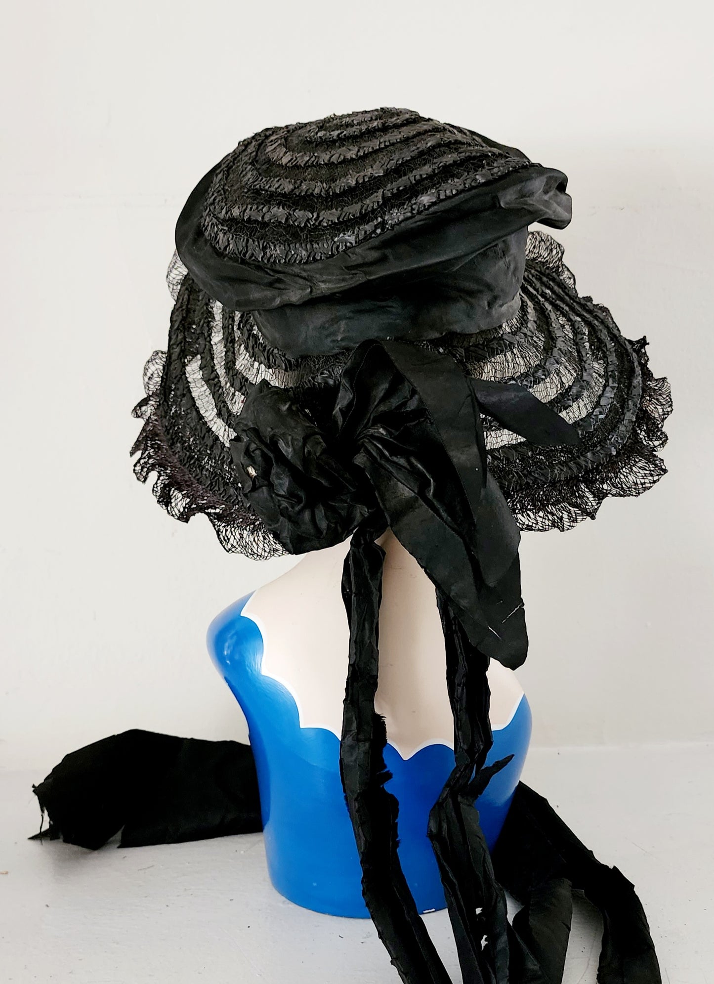 Antique Edwardian Black Hat in Straw, Silk Ribbon Chas A Stevens