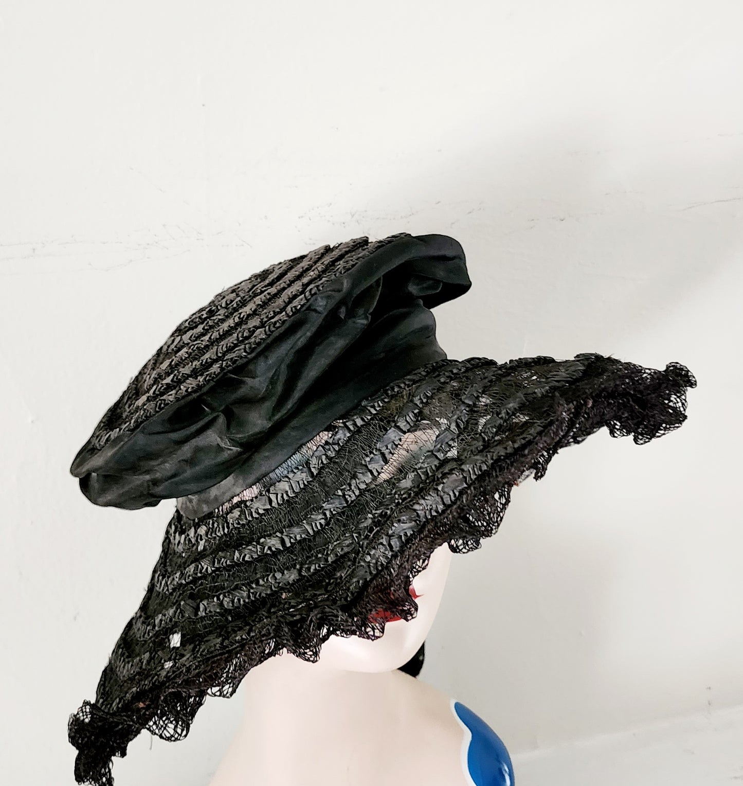 Antique Edwardian Black Hat in Straw, Silk Ribbon Chas A Stevens