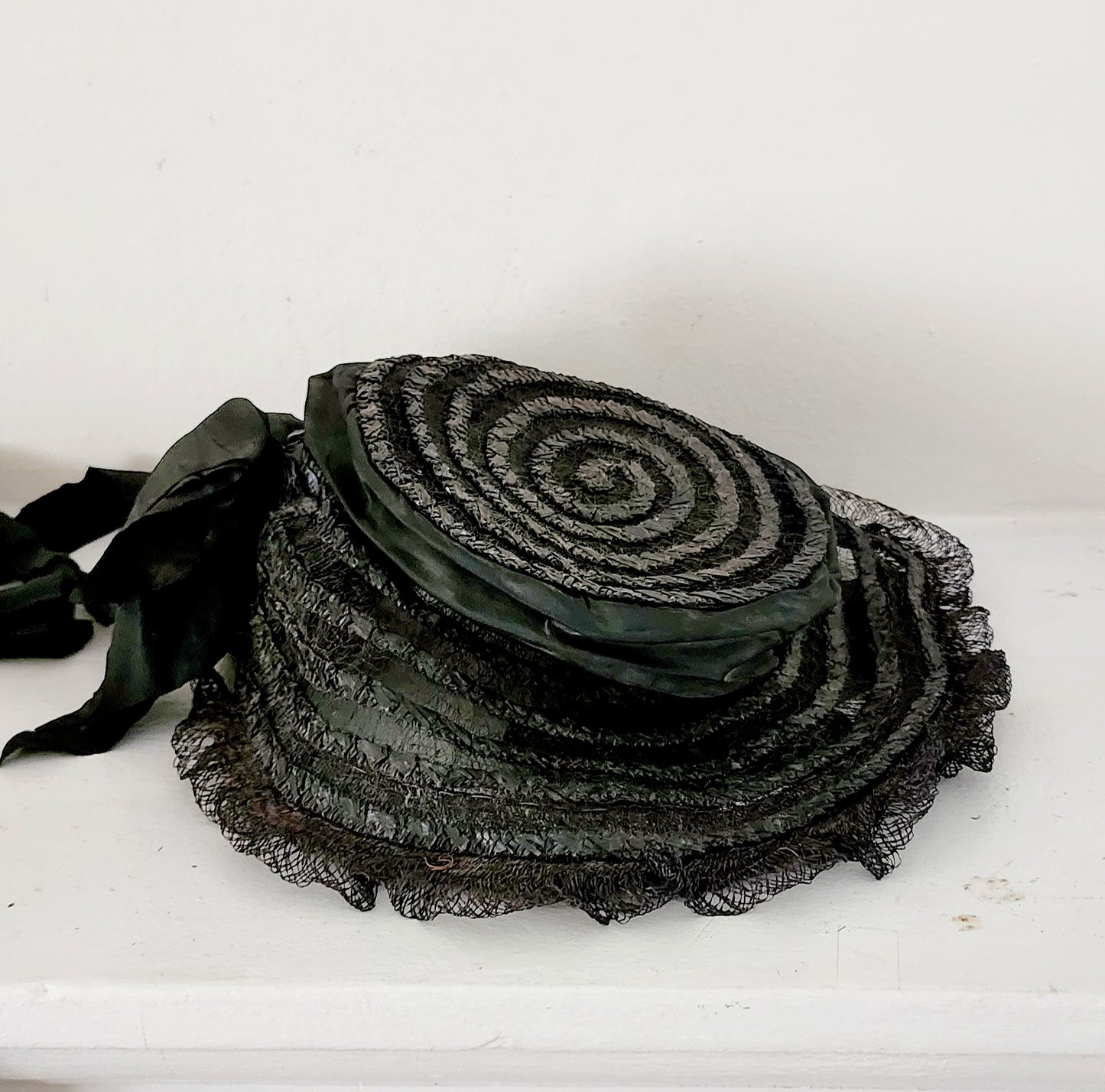 Antique Edwardian Black Hat in Straw, Silk Ribbon Chas A Stevens