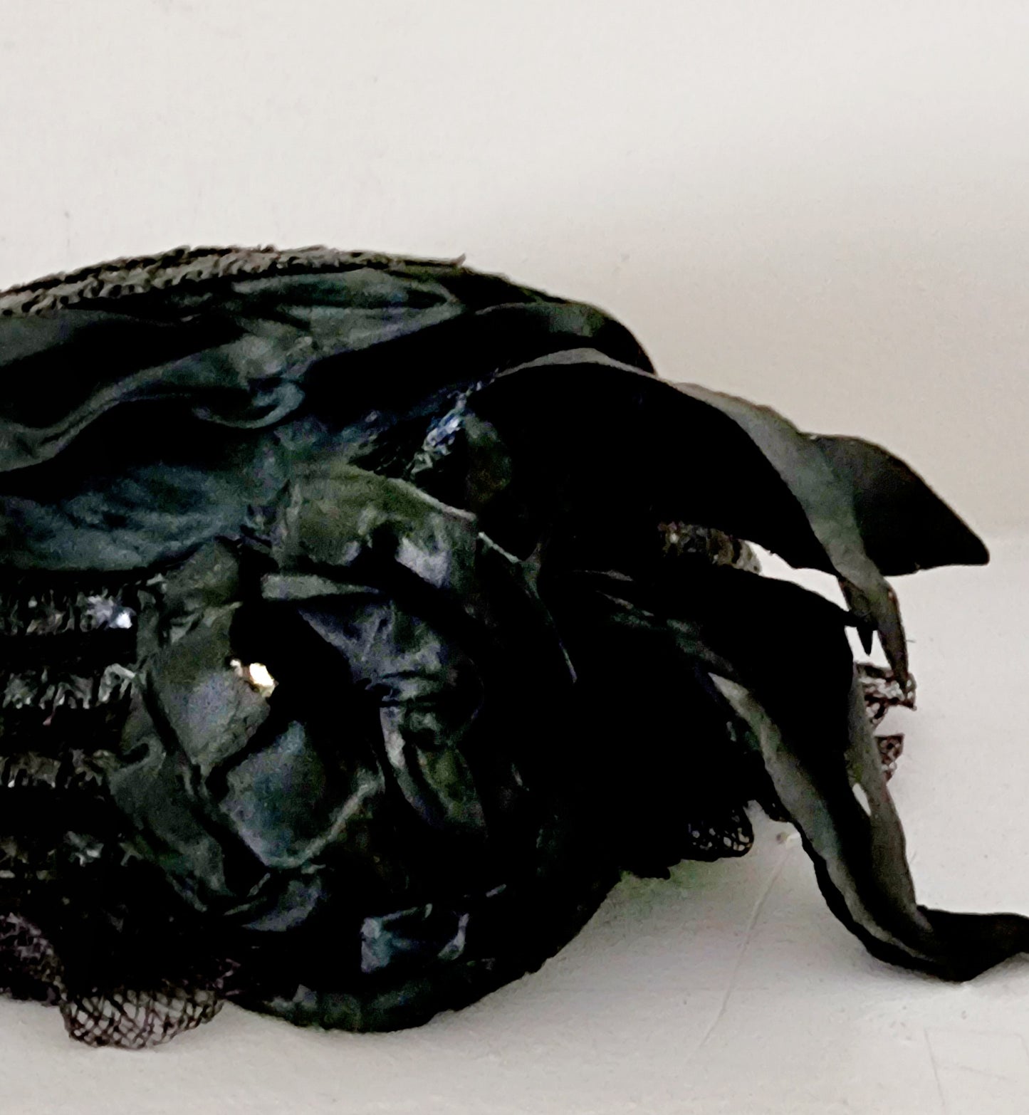Antique Edwardian Black Hat in Straw, Silk Ribbon Chas A Stevens