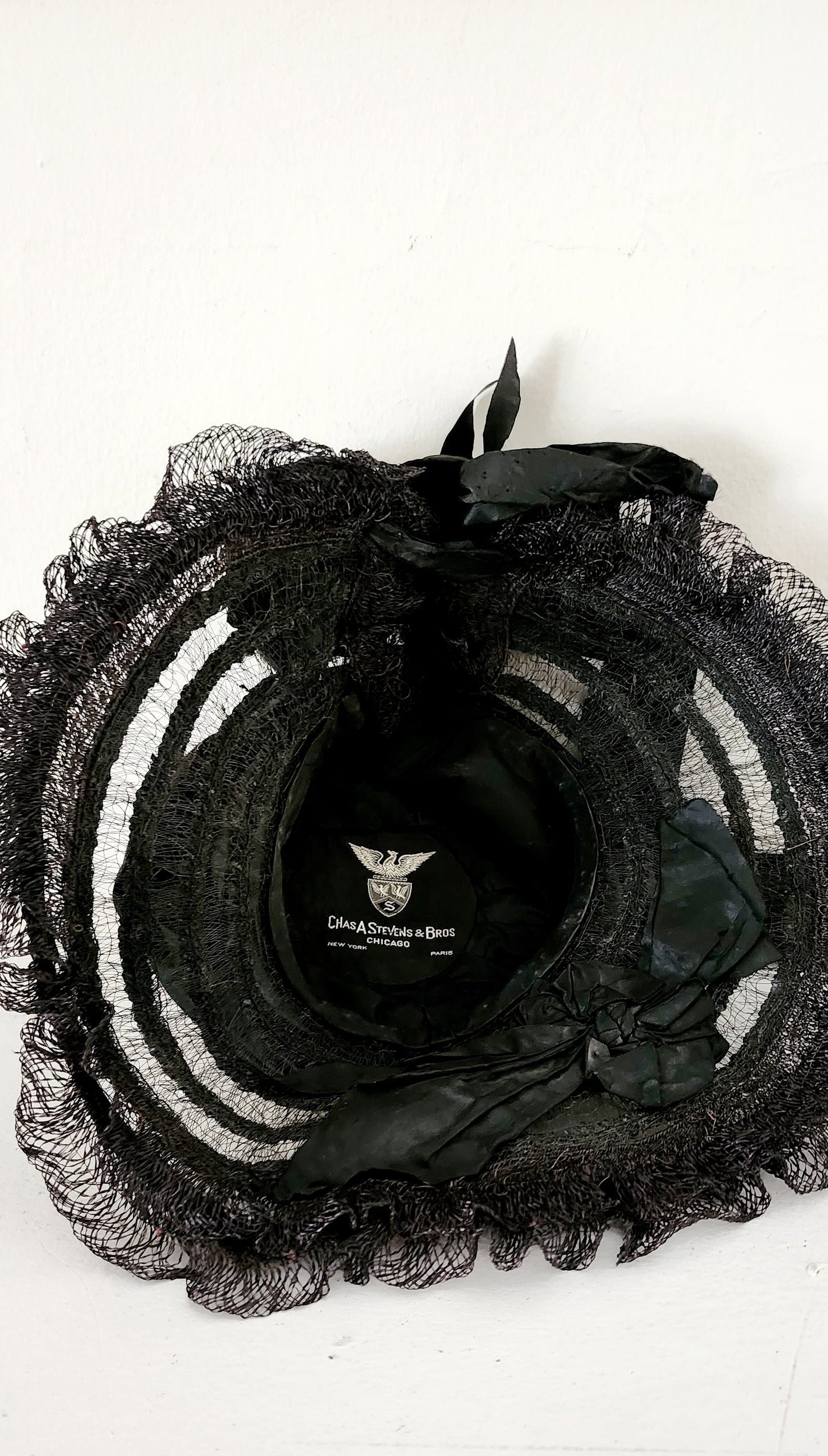 Antique Edwardian Black Hat in Straw, Silk Ribbon Chas A Stevens