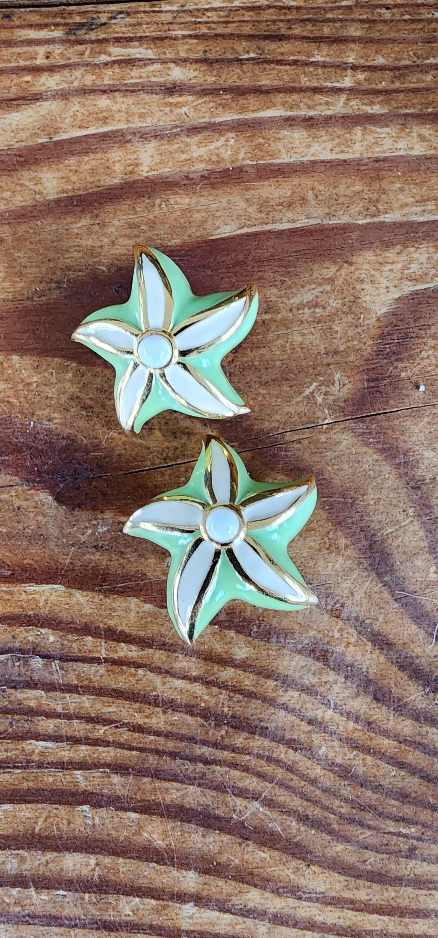 Vintage 80s St John Earrings Starfish Seastar Green Enamel Clips