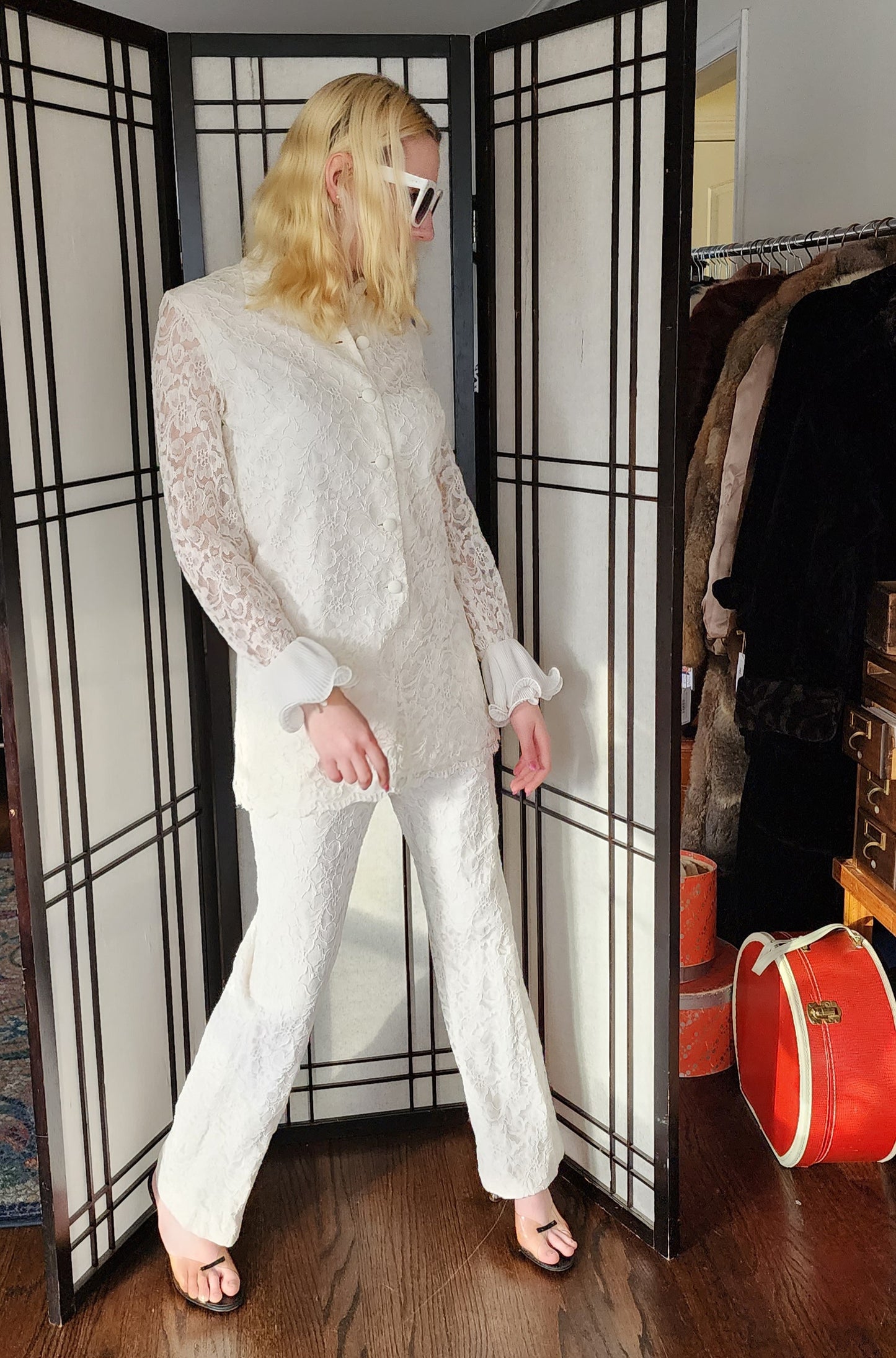 Vintage 70s White Lace Pant Suit Sodi Boho Bride Disco Wedding